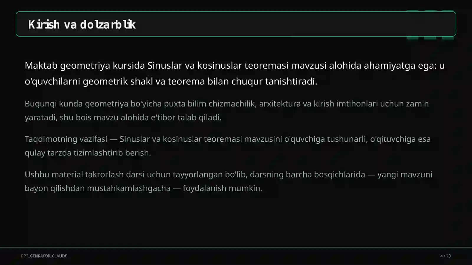 Sinuslar va kosinuslar teoremasi (9-sinf) 4