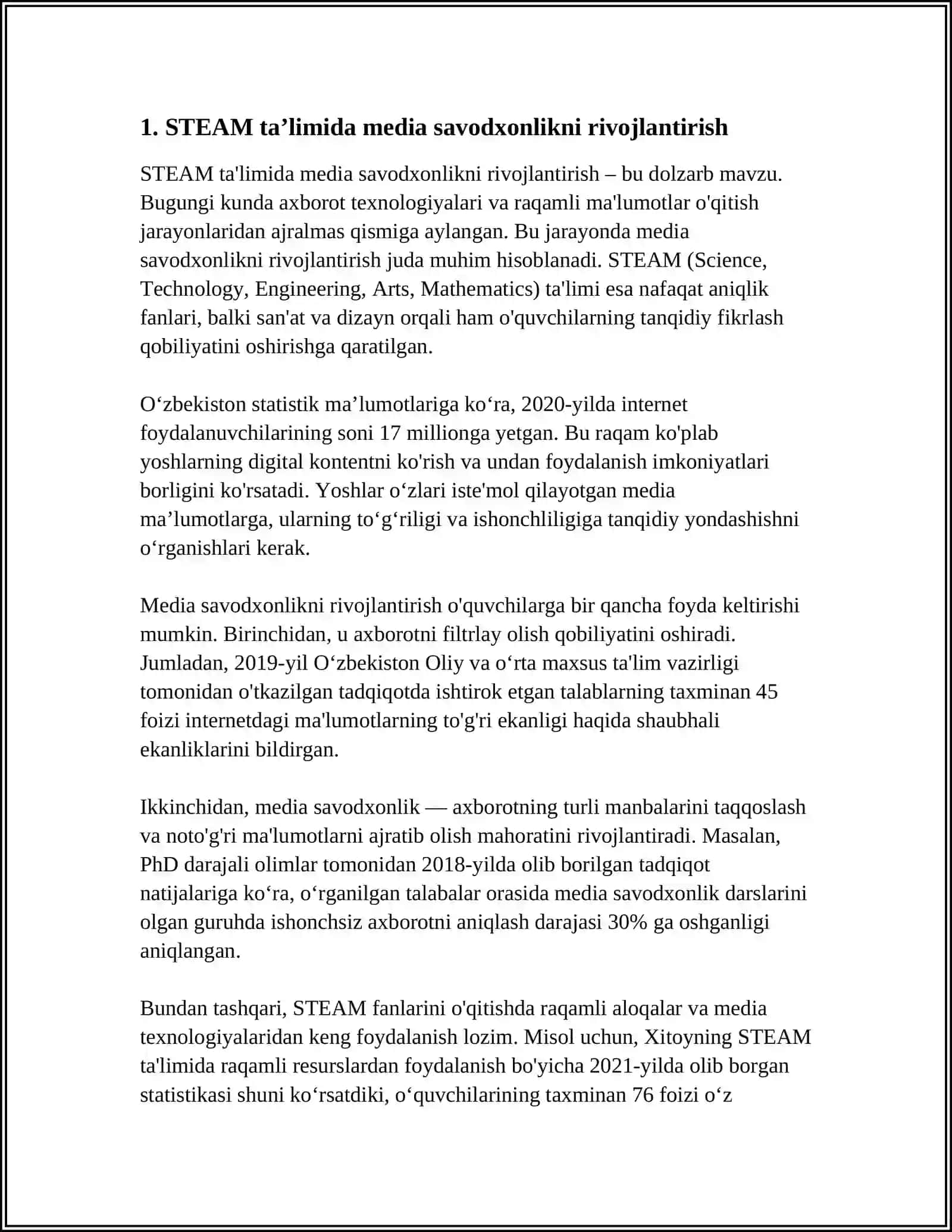 STEAM TAʼLIM TEXNOLOGIYASINI QOʻLLASHDA OʻQITUVCHILARNING MEDIA KOMPETENSIYALARINI RIVOJLANTIRISH DARSLARIDA KUZATISH 4