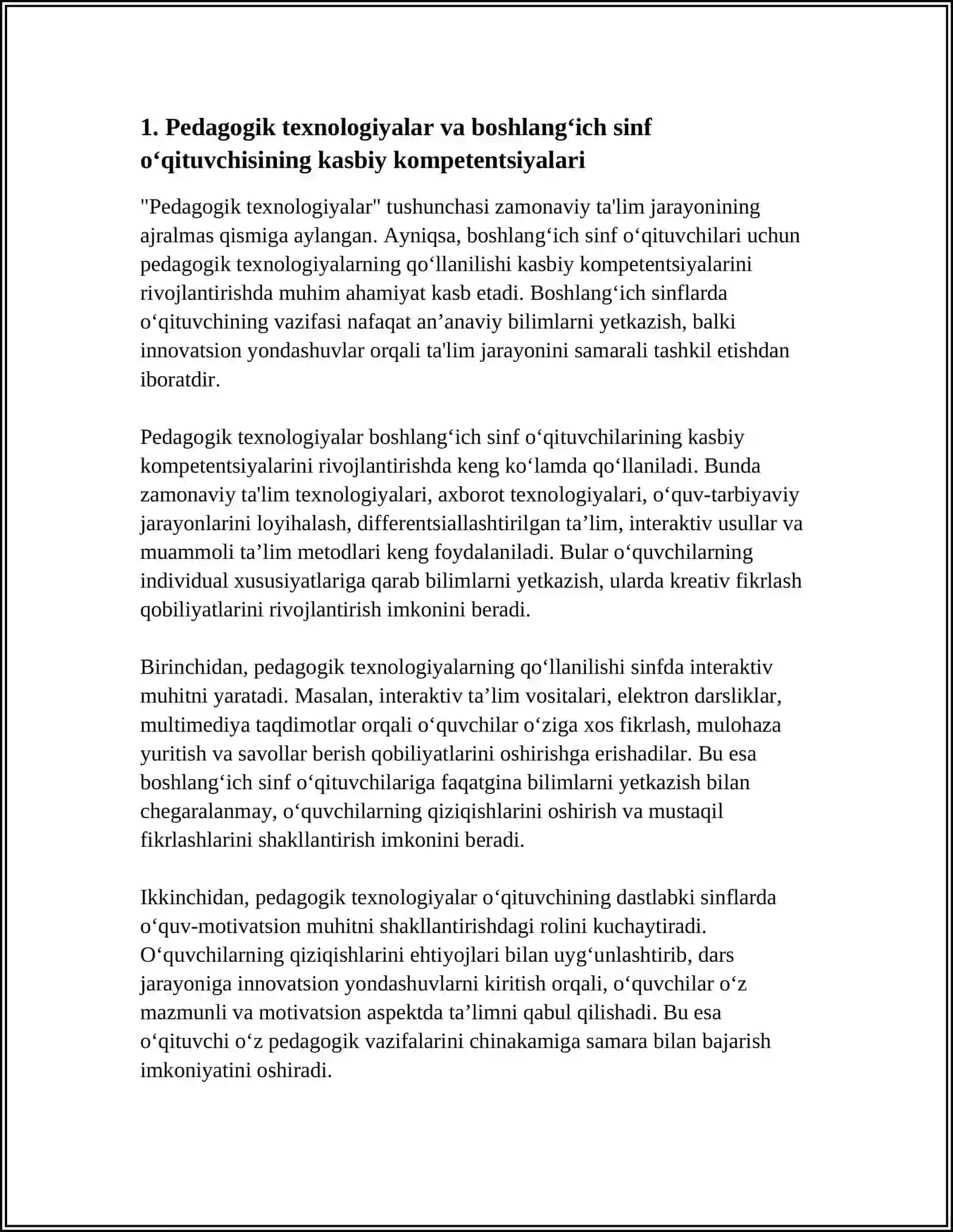 PEDAGOGIK TEXNOLOGIYALAR BOSHLANGʻICH SINF OʻQITUVCHISINING KASBIY RIVOJLANISHIDAGI AHAMIYATI 4