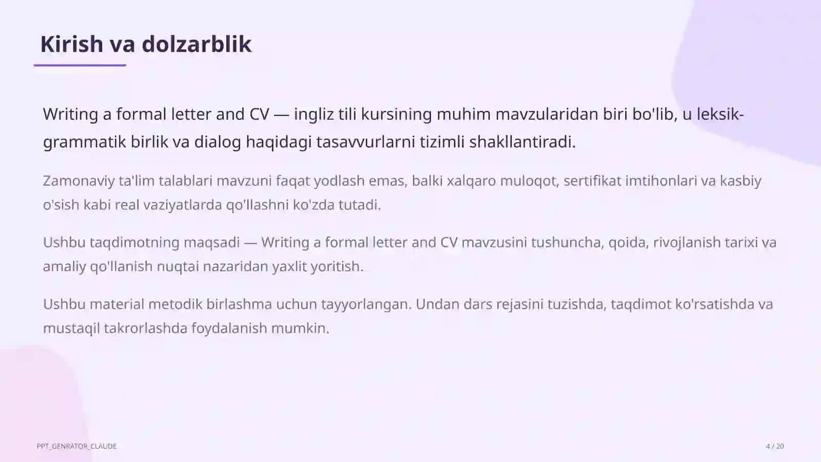 Writing a formal letter and CV (10-sinf) 4