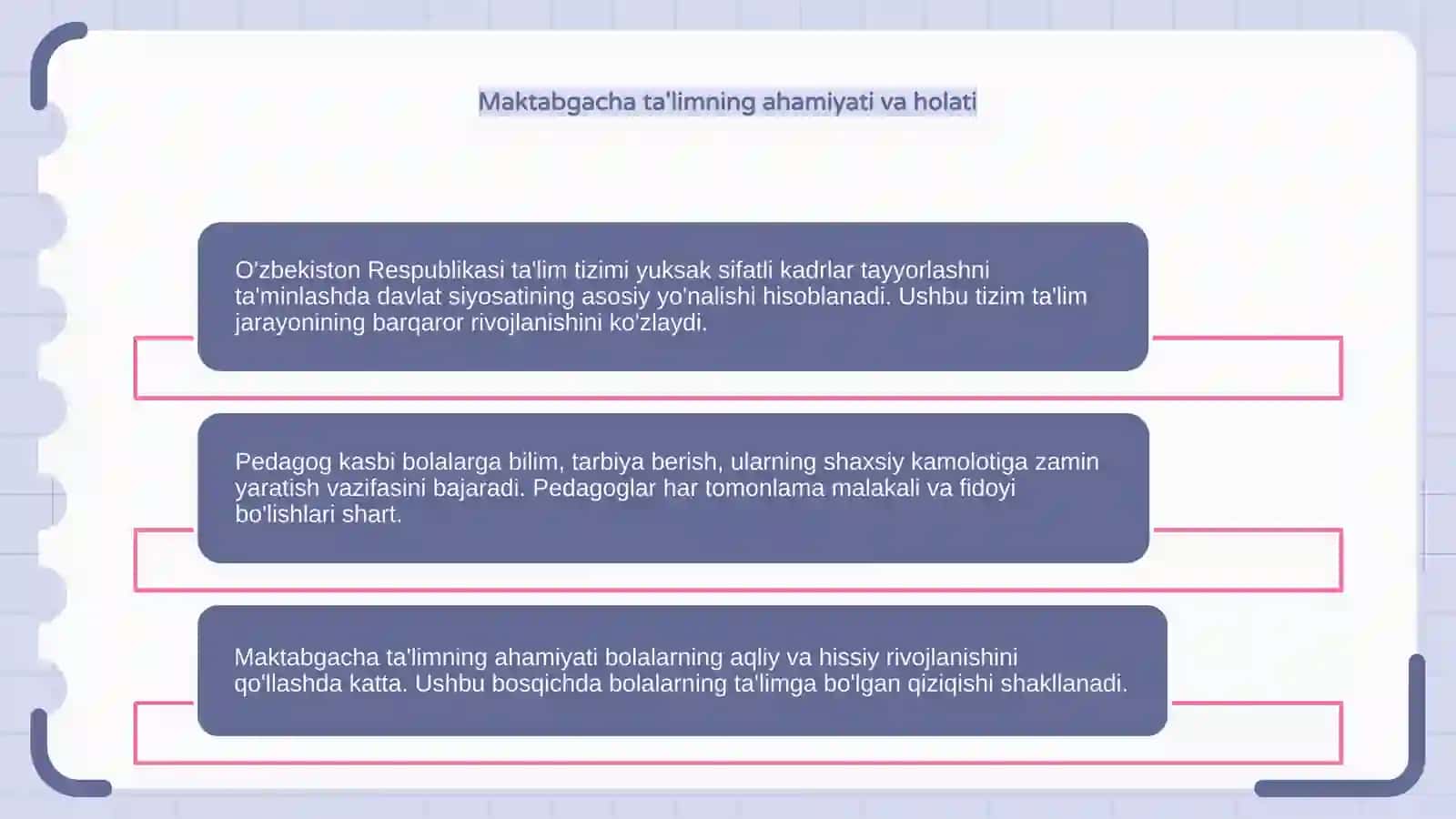 O'zbekiston Respublikasi ta'lim tizimi. Pedagoglik kasbi va uning vazifalari 4
