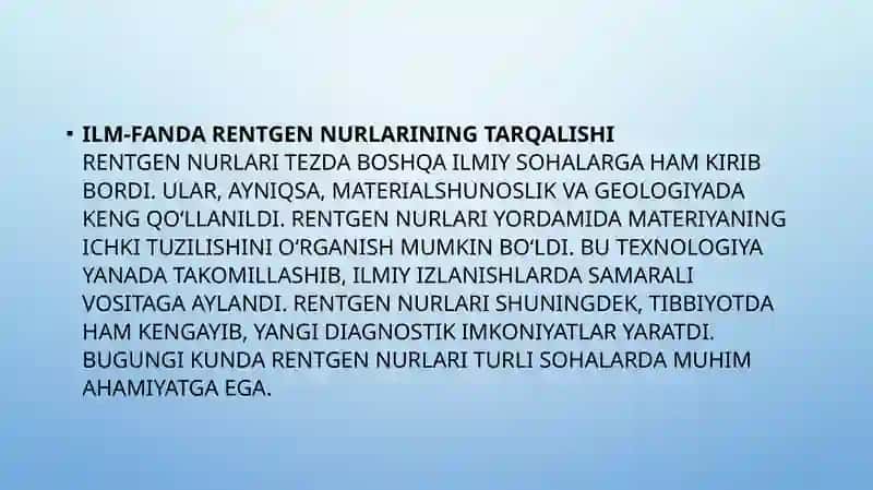 Rentgen nurlarini o‘rganish tarixi, suyak va bo‘g‘imlar rivojlanishini rentgen nurlari yordamida o‘r 4