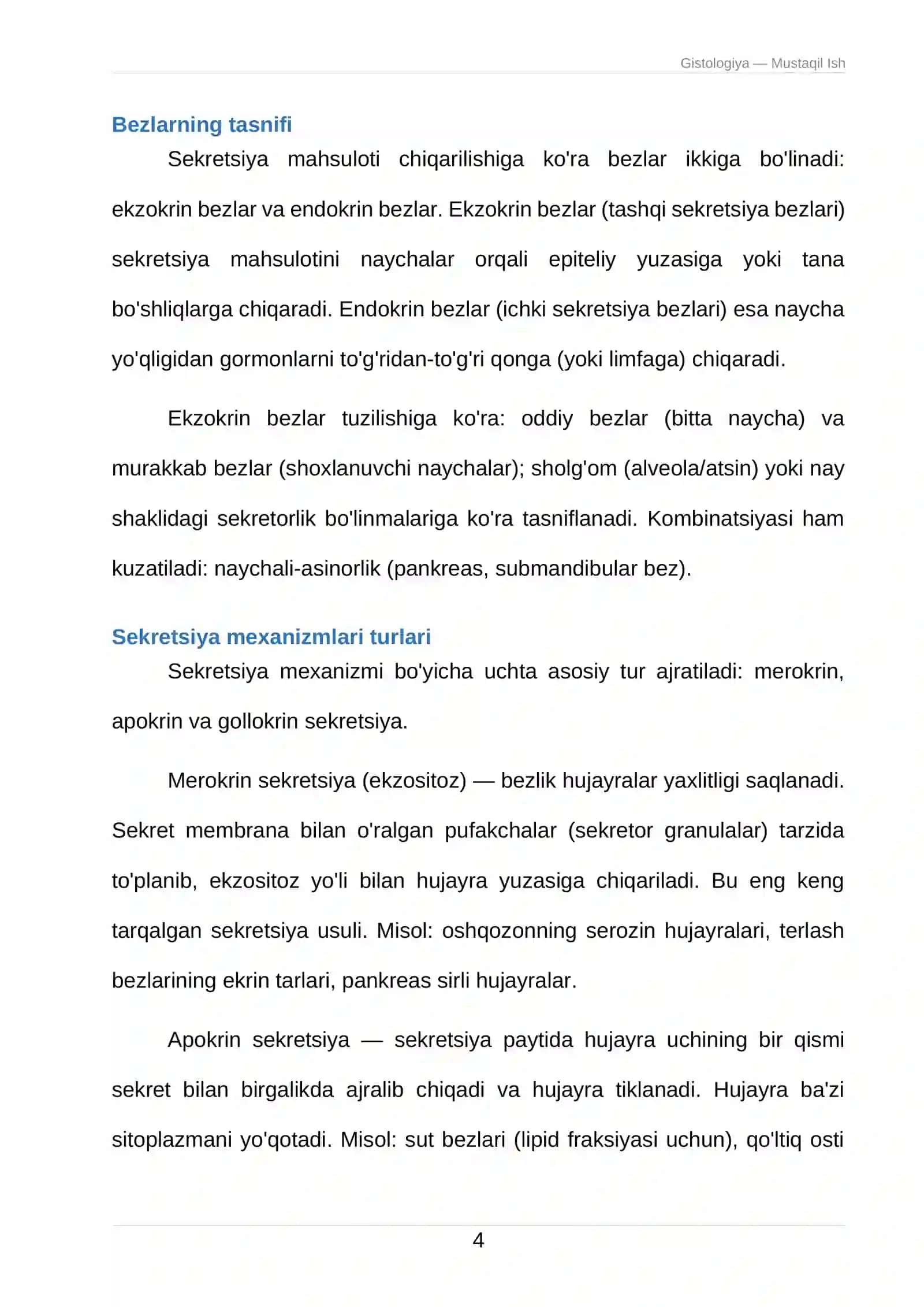 Gistologiya — Mustaqil Ish 4