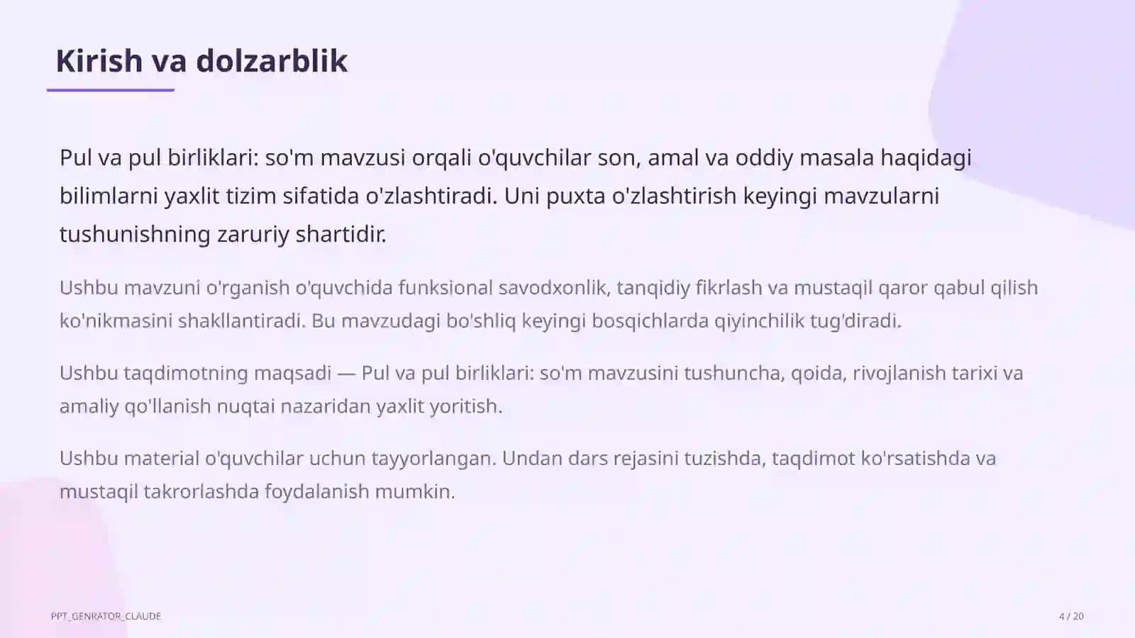 Pul va pul birliklari: so'm (2-sinf) 4
