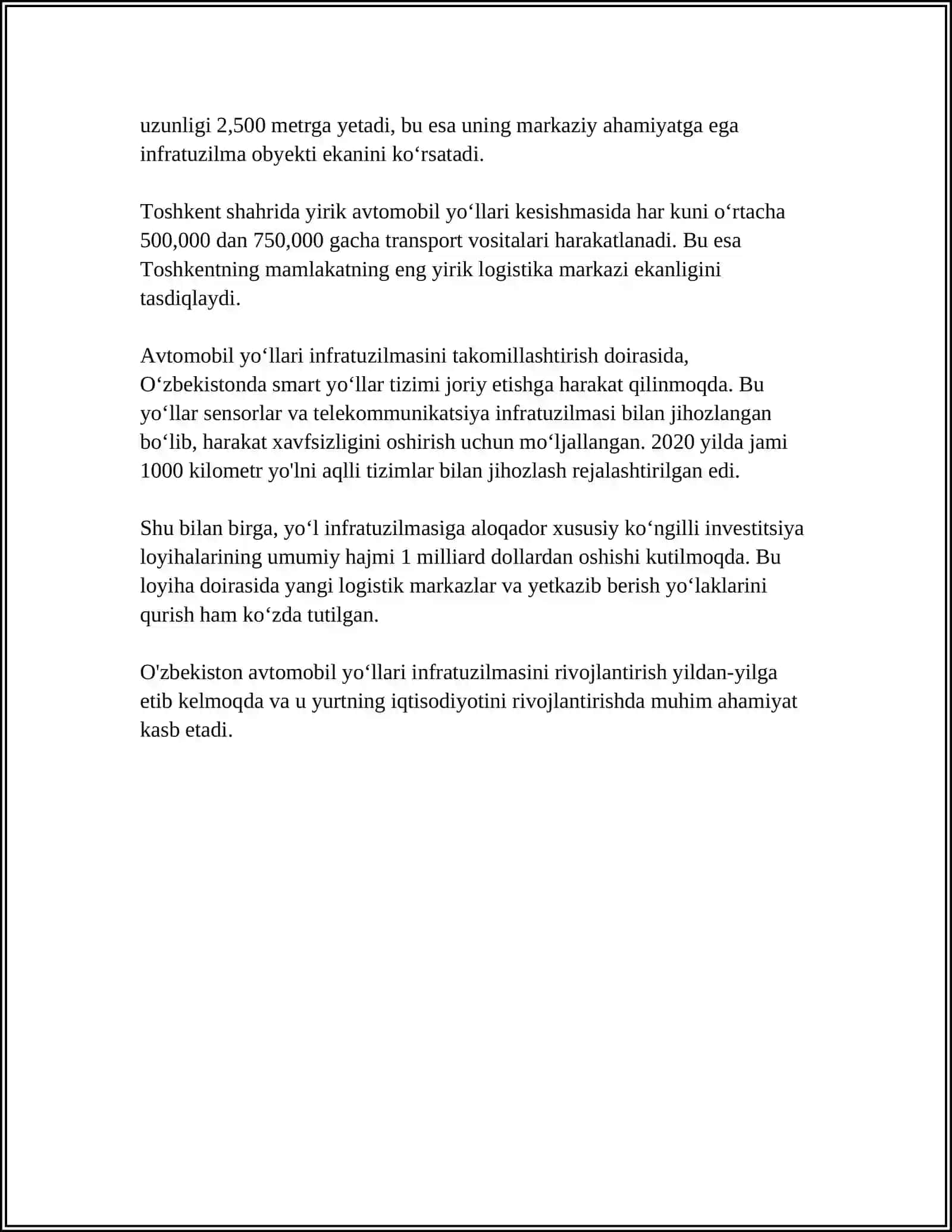 TRANSPORT INFRATUZILMASI BILAN BOG'LIQ ASOSIY TUSHUNCHALAR. TIZIMINI RIVOJLANTIRISHDAGI ASOSIY MUAMMOLAR 4