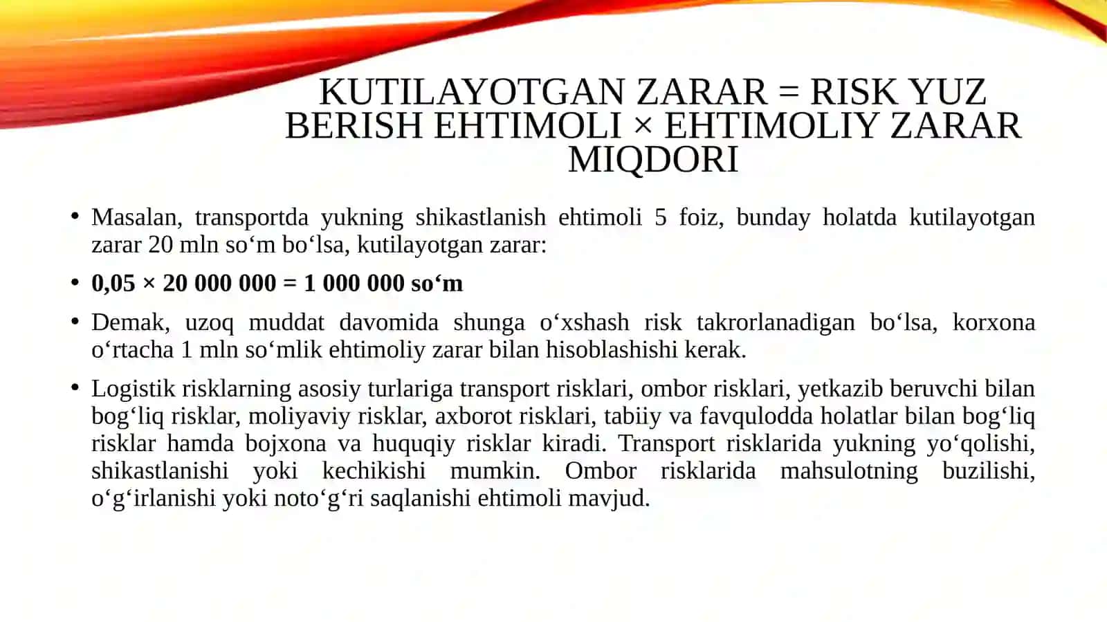 Logistik risklarni iqtisodiy baholash va sug'urta mexanizmlaridan foydalanish 4