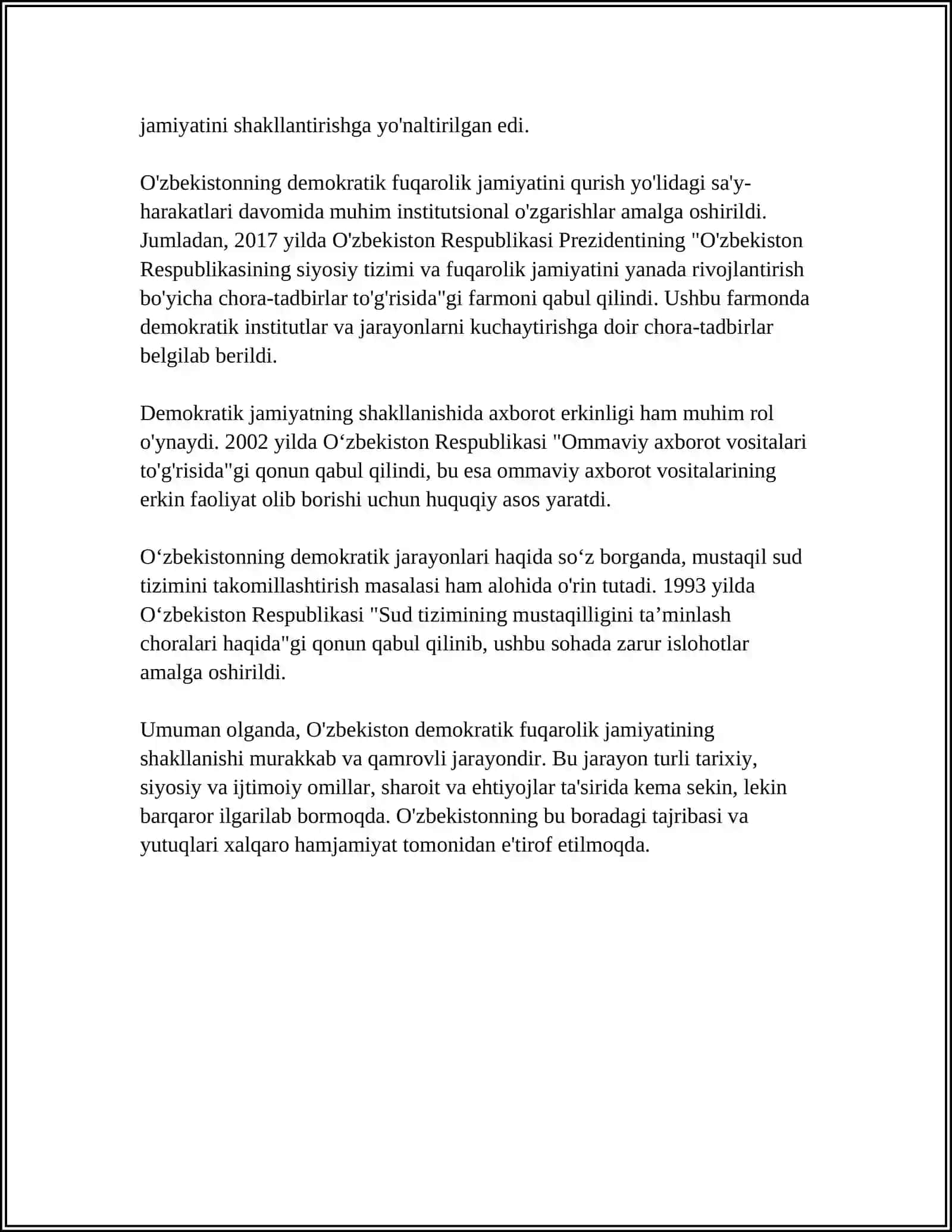 O‘zbekiston Demokratik Fuqarolik Jamiyati Asoslarining Shakllanishi Amalga Oshirilgan Siyosiy Ishlohotlar 4