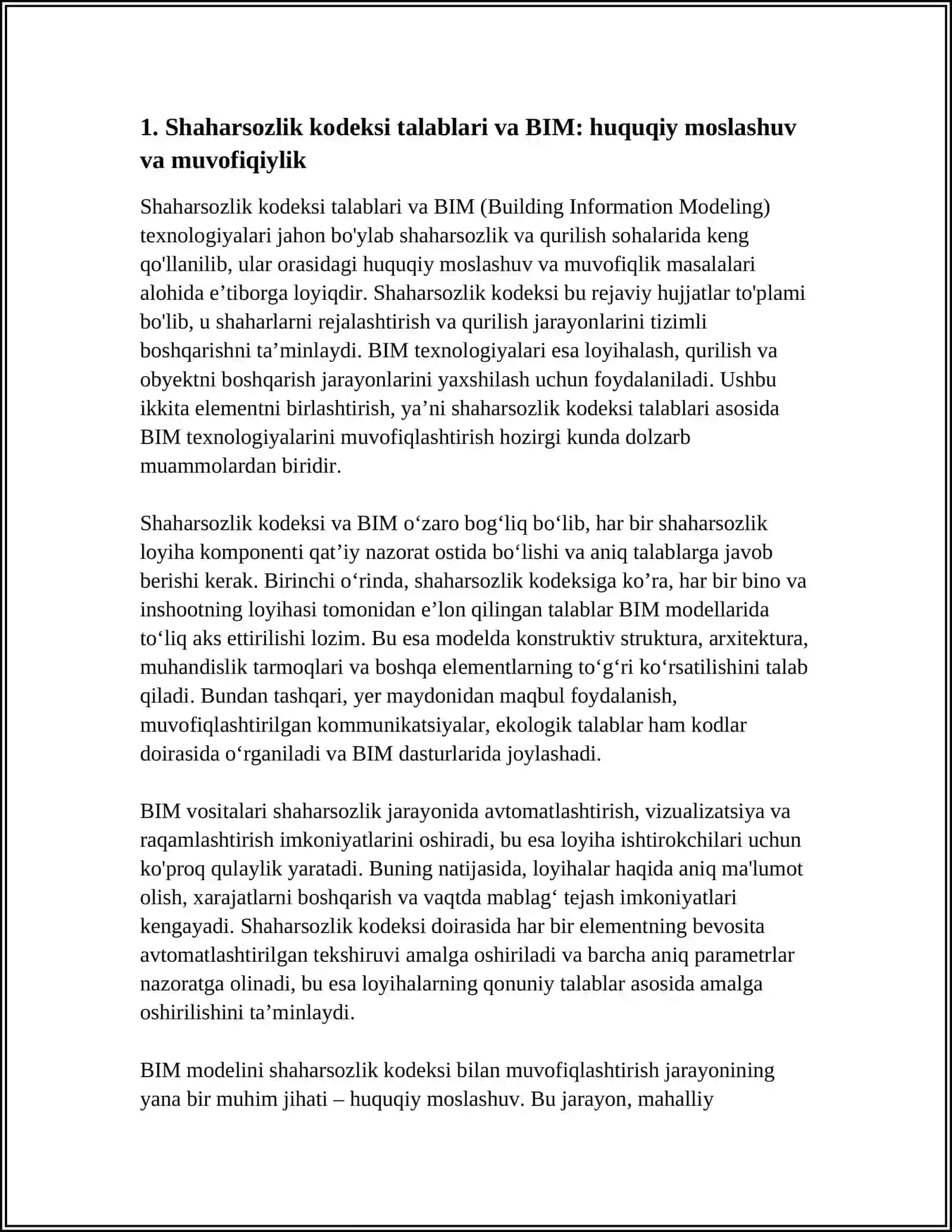 SHAHARSOZLIK KODEKSI VA SMETA ISHI TALABLARI: BIM TEXNOLOGIYALARINING XALQARO QOʻLLANILISHI 4