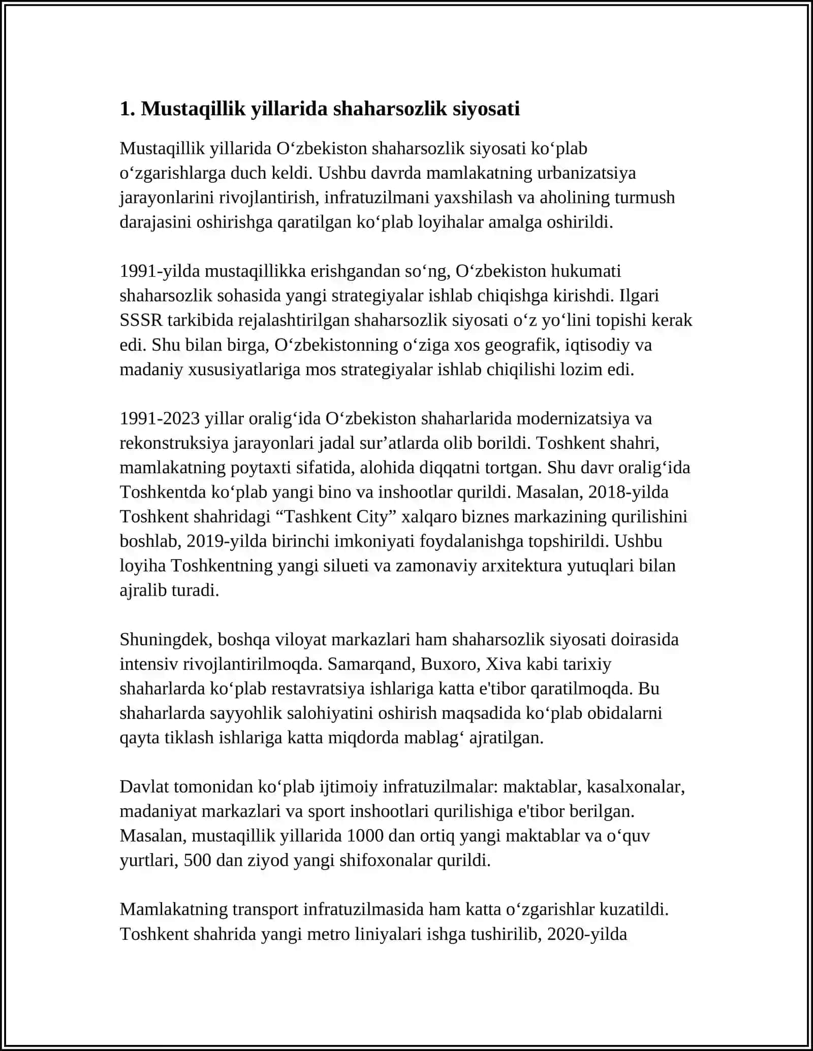 MUSTAQILLIK YILLARIDA SHAHARSOZLIK: TARIXIY BOSQICHLAR VA RIVOJLANTIRISH ISTIQBOLLARI 4