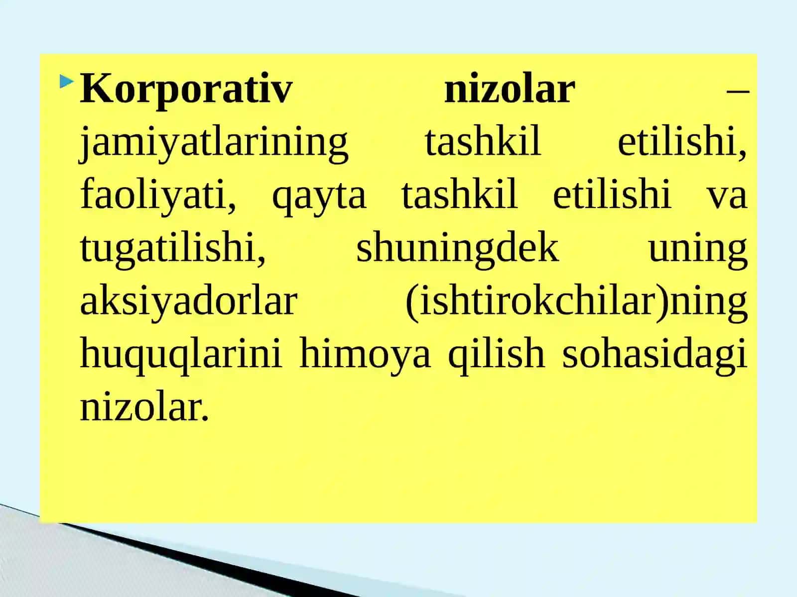 KORPORATIVZIDDITYaLARVA NIZOLAR. KORPORATIV MUNOSABATLARIShTIROKChILARIHUQUQ VA QONUNIY MANFAATLARINIHIMOYaQILISh 4