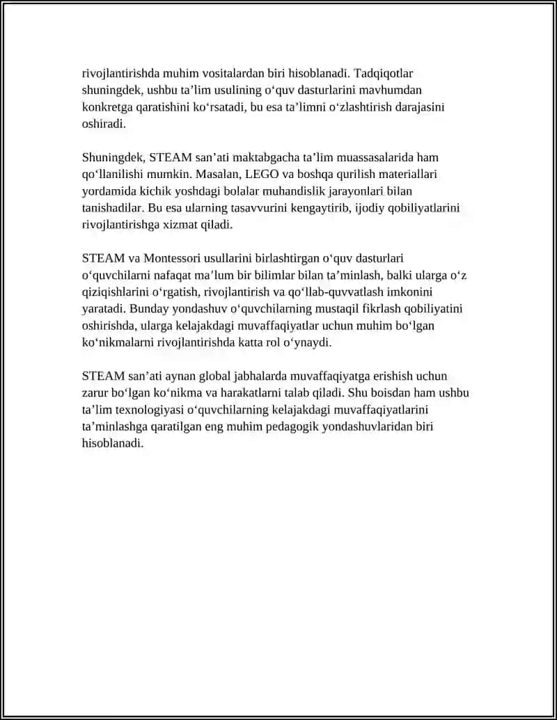 STEAM TEXNOLOGIYASI ART VA UNING OʻZIGA XOS XUSUSIYATLARI.STEAM TALIM TEXNALOGIYASIDA M.MONTESSORI METODIKASIDAN FOYDALANISH 4