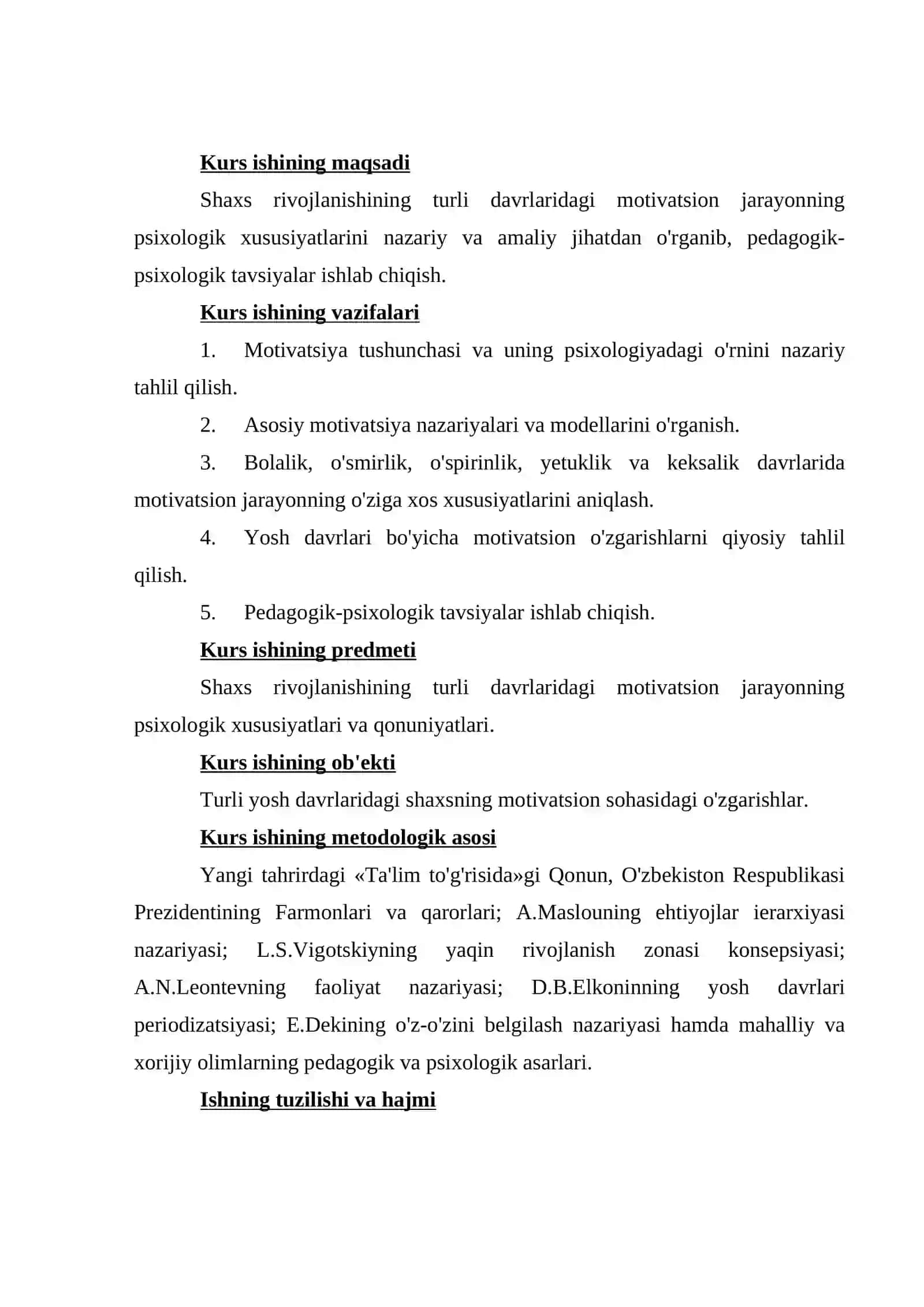 Shaxs rivojlanishining turli davrlaridagi motivatsion jarayonning ahamiyati mavzusidagi kurs ishi 4