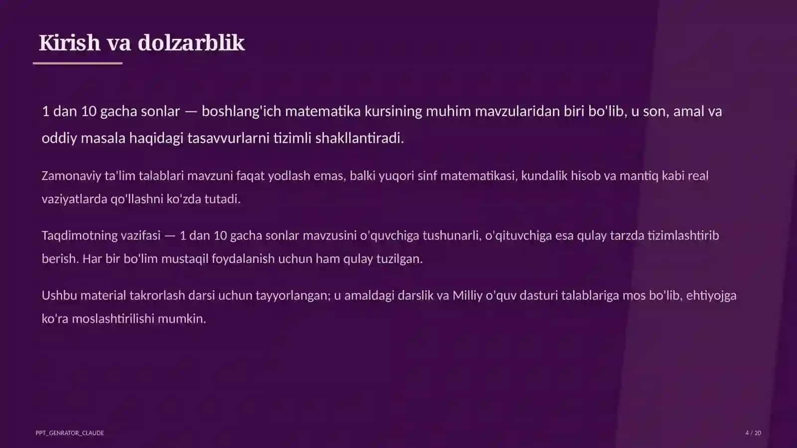 Boshlang'ich sinf: Matematika (1–4) — takrorlash darsi uchun 4