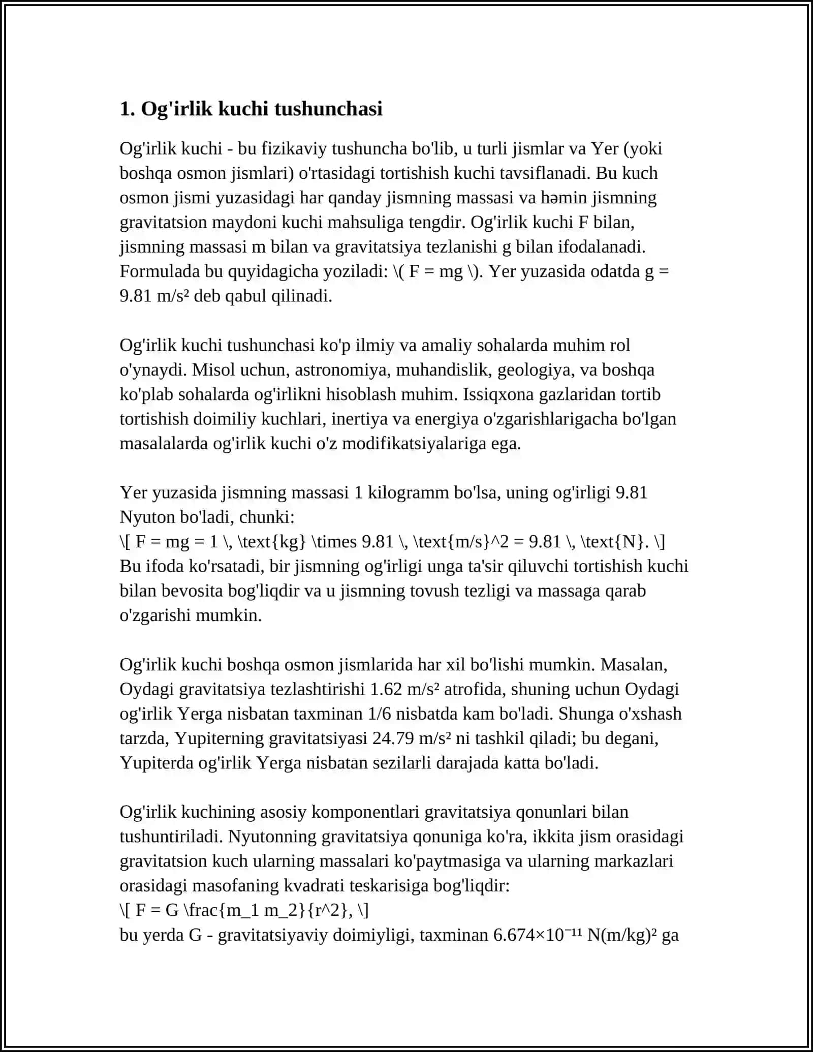 OGʻIRLIK KUCHI VA JISMLARNING VAZNI.VAZNSIZLIK 4