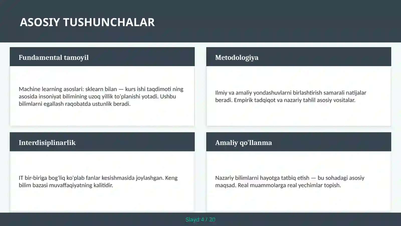 MACHINE LEARNING ASOSLARI: SKLEARN BILAN — KURS ISHI TAQDIMOTI 4