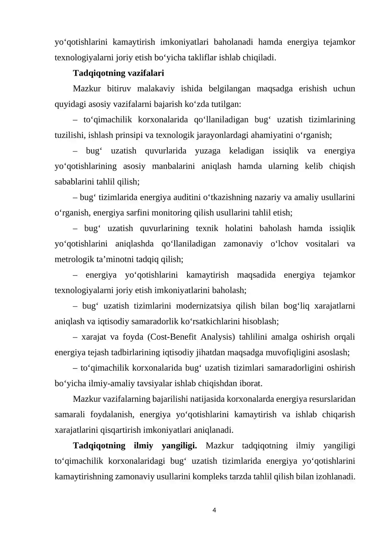 Bug' uzatish quvurlarida energiya auditi o'tkazish, xarajat va foyda tahlili 4