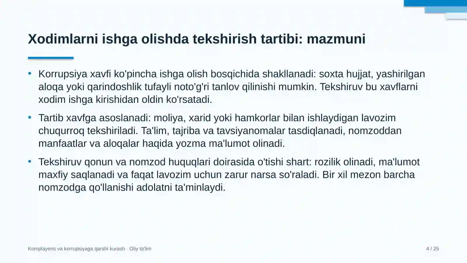 Komplayens va korrupsiyaga qarshi kurash · Oliy ta'lim 4