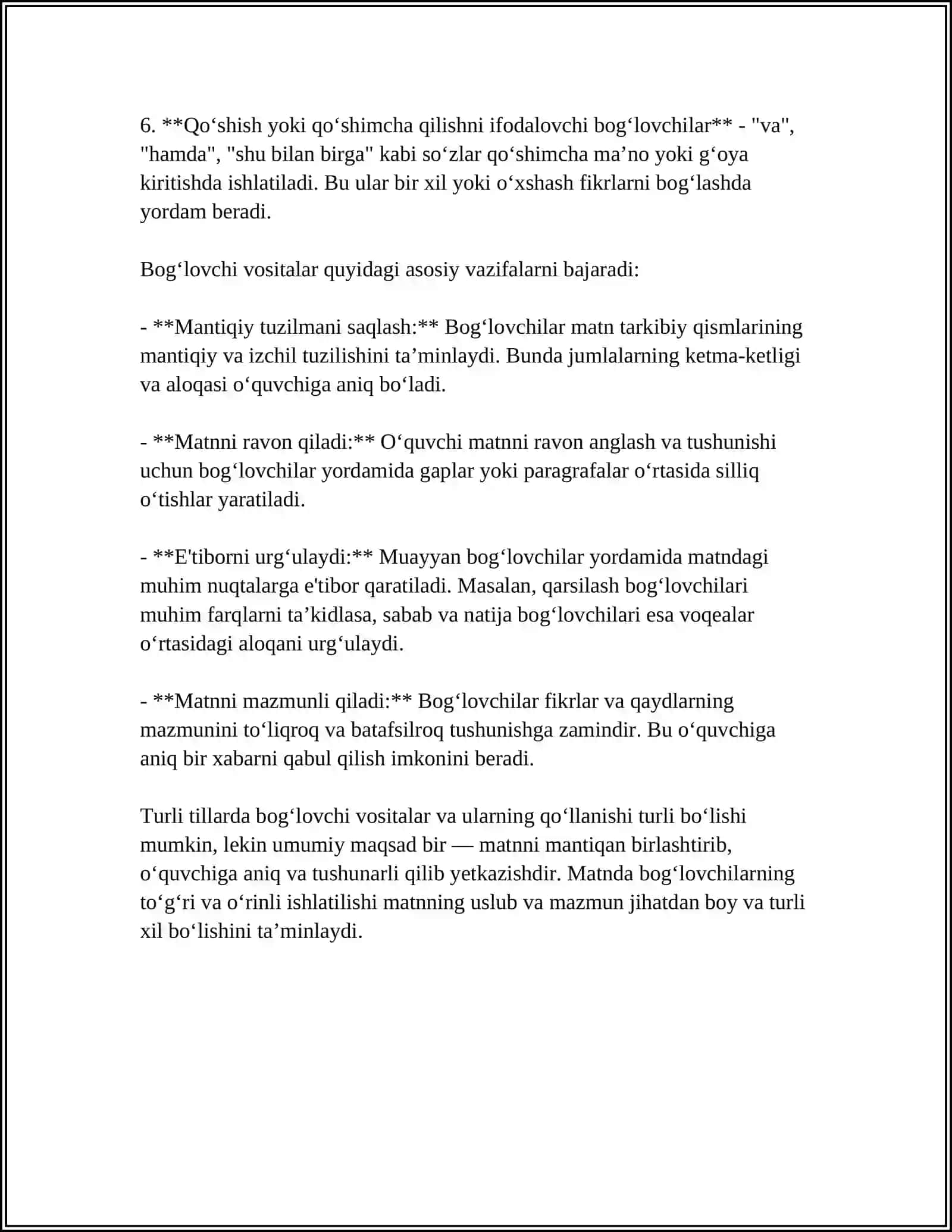 MATN TARKIBIY QISMLARINI BOGʻLOVCHI VOSITALAR YUZASIDAN MATNLARNI TAHLIL QILISH MAVZUGA DOIR MASHQLAR BAJARISH TAHLIL KAMIDA 10TADAN MASHQ 4