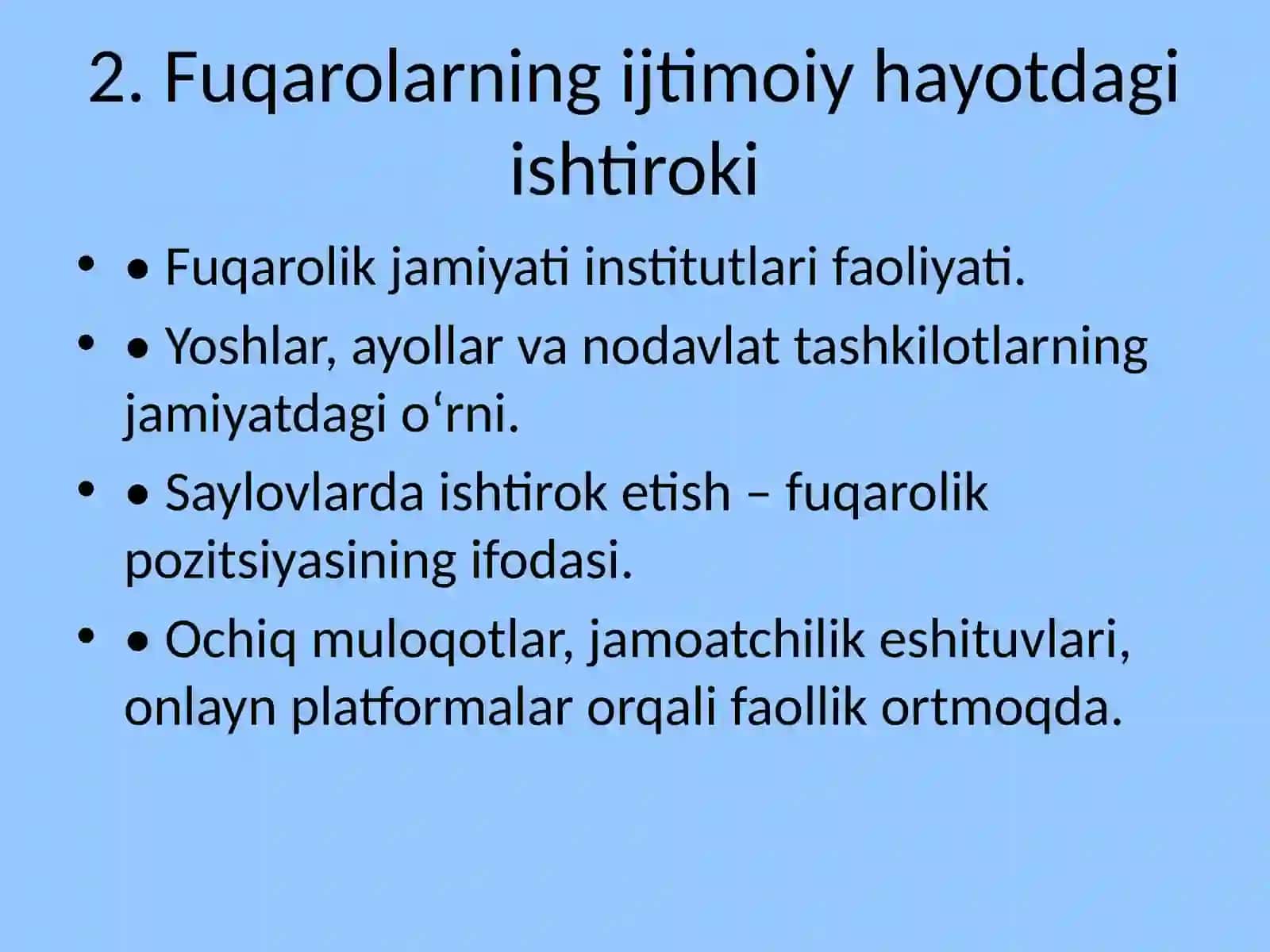 O‘zbekistonning demokratiya sari taraqqiyotida fuqarolarning ijtimoiy hayotdagi ishtiroki va media hamda axborotning ahamiyati 4