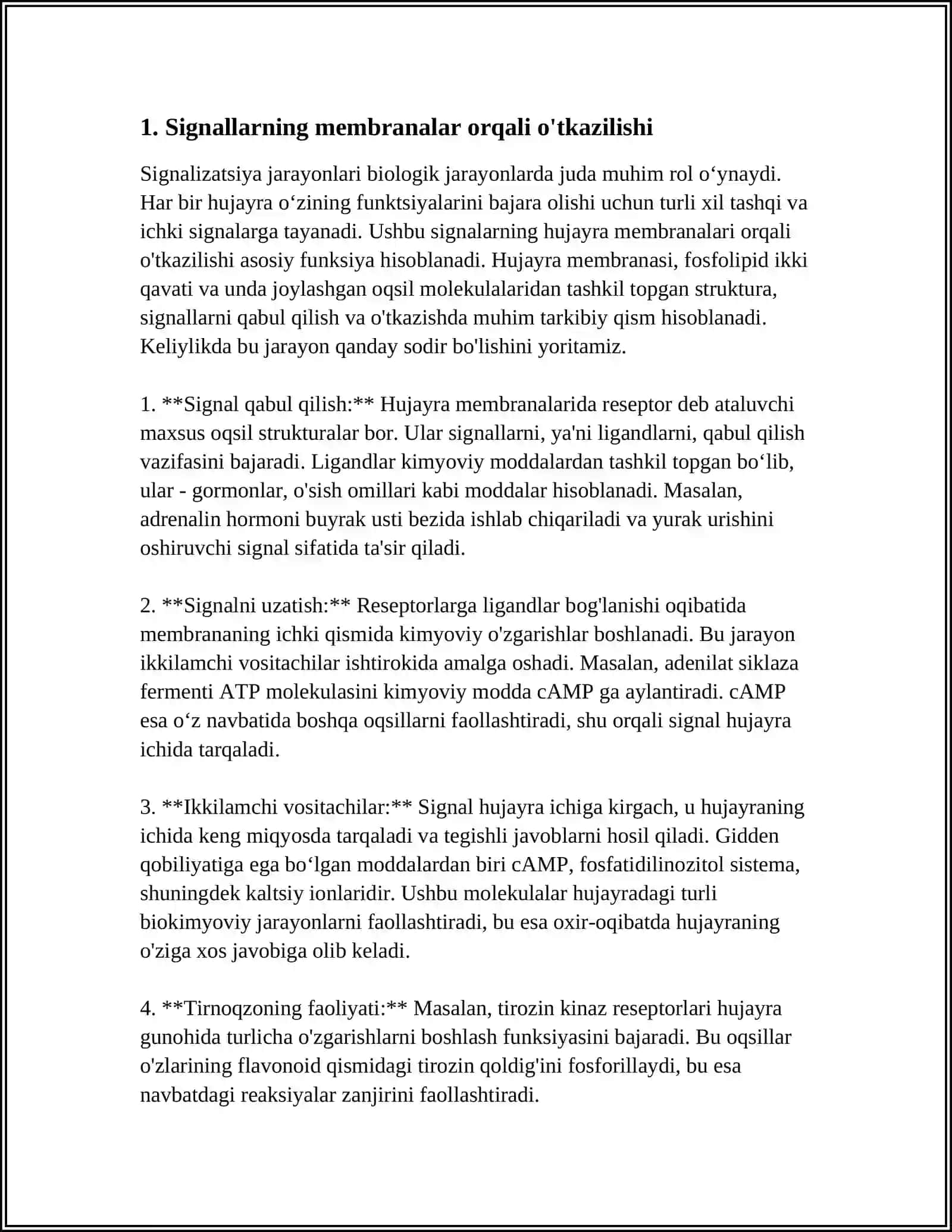 SIGNALLARNI MEMBRANALAR ORQALI O'TKAZILISHI.MEMBRANALAR BUZILISHLARNI PATOLOGIK JARAYONNI KELIB CHIQISHIDAGI O'RNI 4