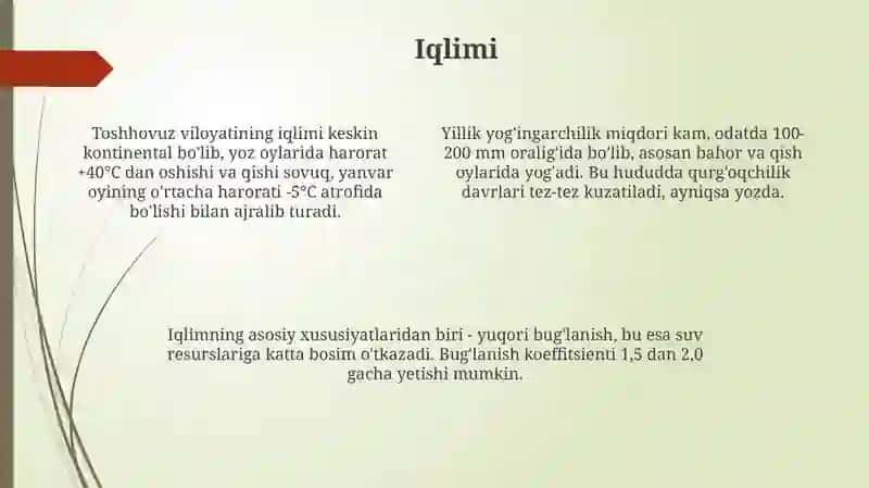 Toshhovuz viloyatining tabiiy geografiyasi 4