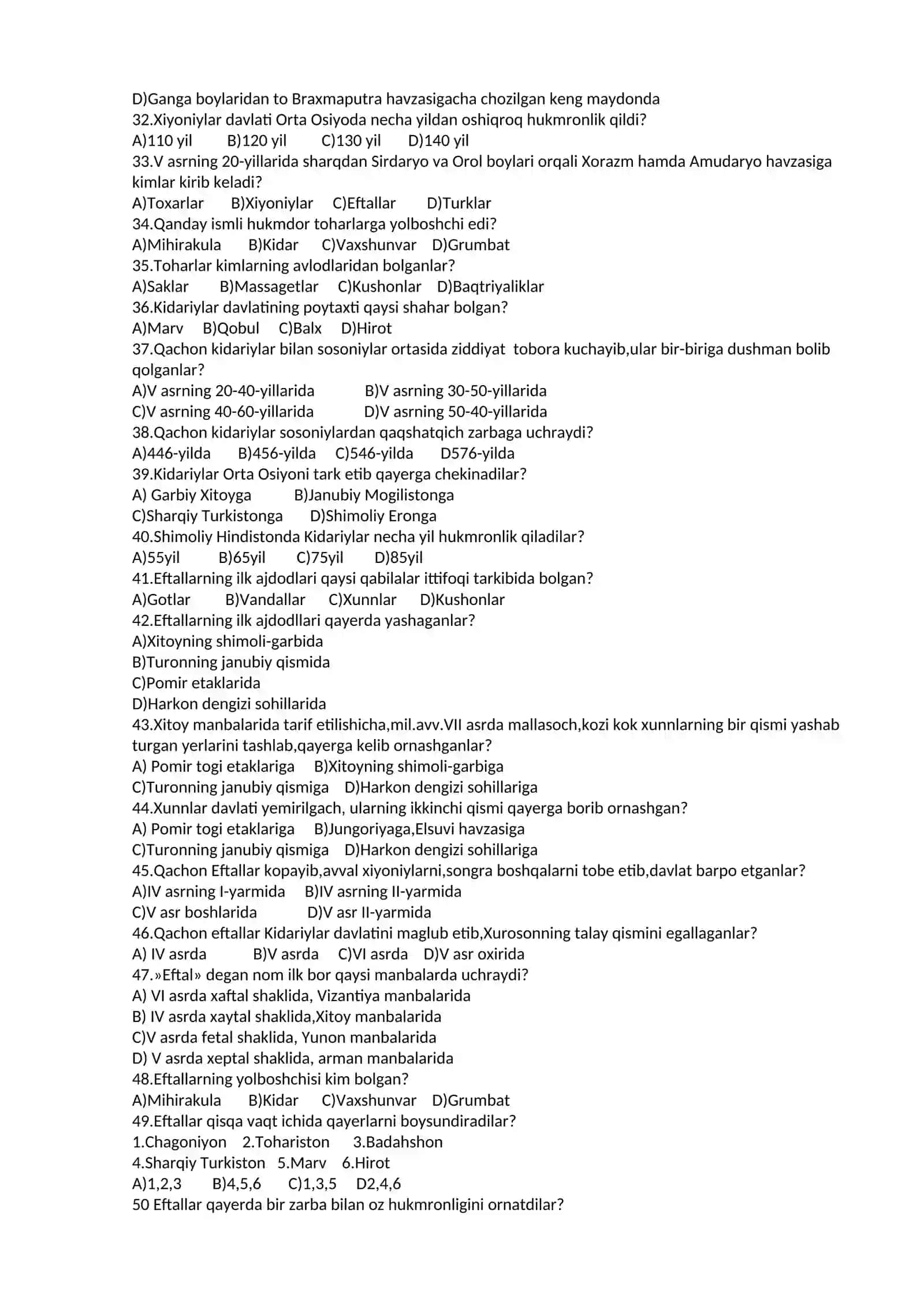 7-sinf O’zbekiston tarixi I-BOB dan testlar 4