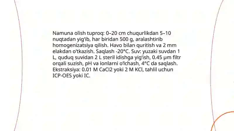 Tuproq va suvning ifloslanishida ion bogʻlanishli birikmalarni aniqlab ulardan tozalash usulini ishlab chiqish 4