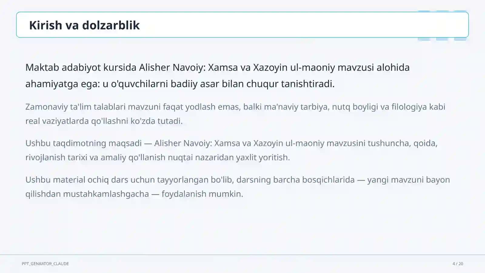 Alisher Navoiy: Xamsa va Xazoyin ul-maoniy (9-sinf) 4