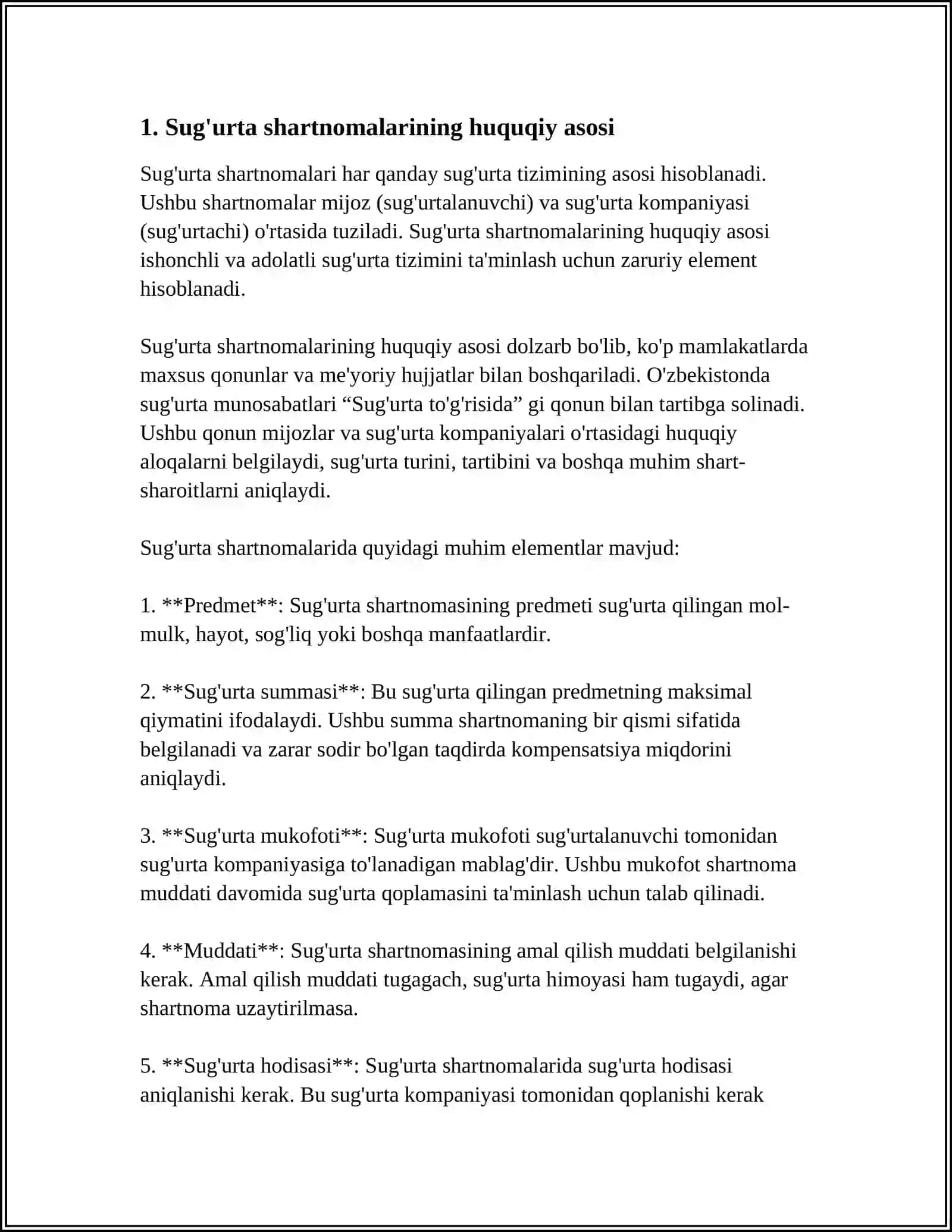 OʻZBEKISTON RESPUBLIKASINING FUQAROLARIK KODEKSIDA KELTIRILGAN MODDALAR TALQINI VA UNDA SUGʻURTA MUNOSABATLARINING YURGIZILISHI 4
