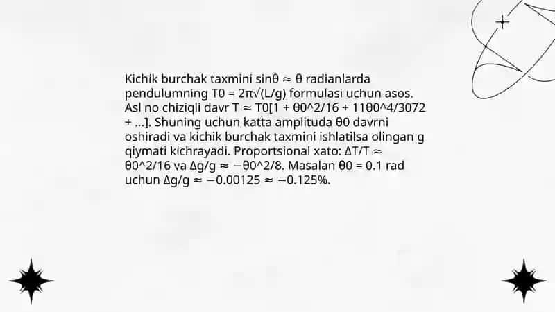 Matematik mayatnik yordamida jismlarning erkin tushish tezlanishni aniqlash 4