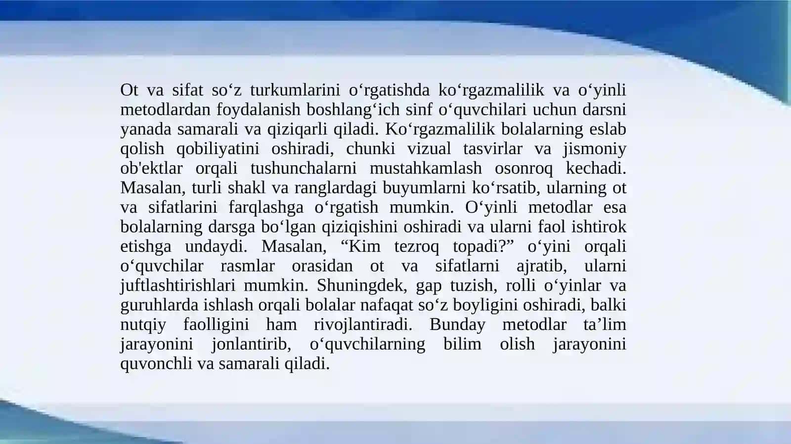 Ot sifat soʻz turkumlarini oʻrganish darslari yuzasidan 1-2-sinflar uchun metodik tavsiyalar ishlab chiqish 4