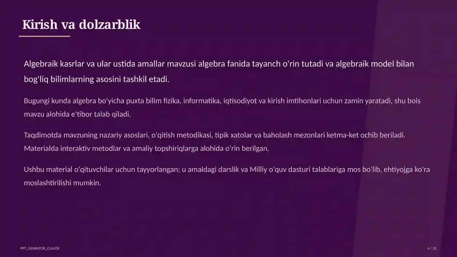 Algebraik kasrlar va ular ustida amallar (8-sinf) 4