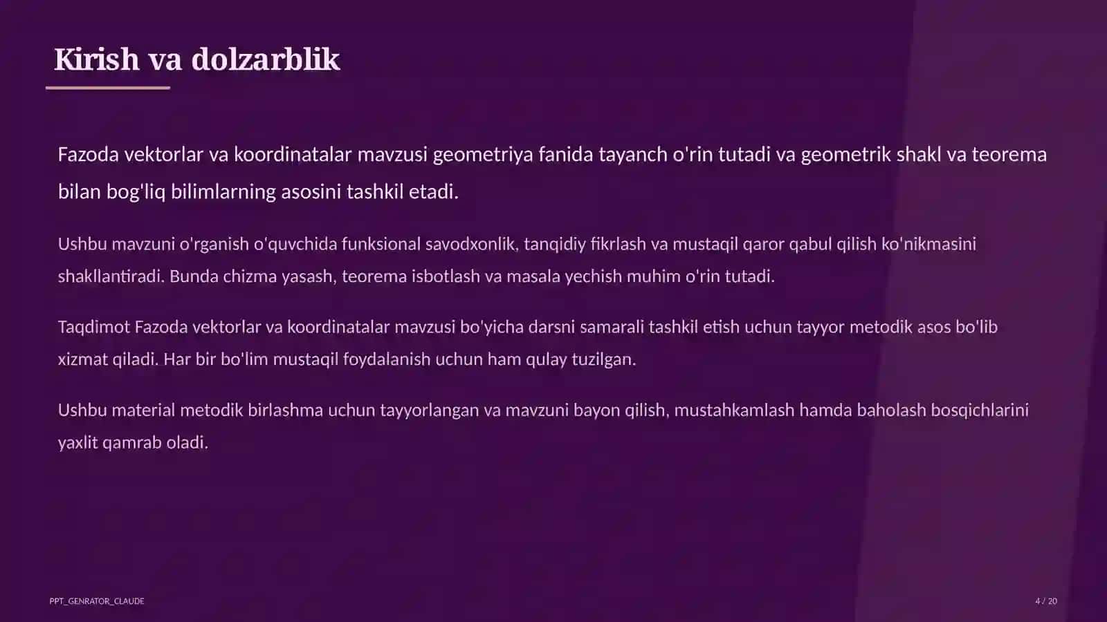 Fazoda vektorlar va koordinatalar (11-sinf) 4