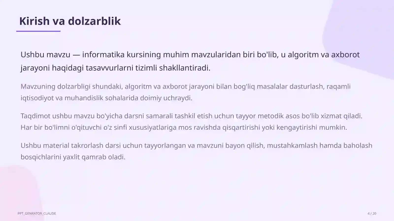 Algoritmlarning turlari: chiziqli, tarmoqlanuvchi, takrorlanuvchi (8-sinf) 4