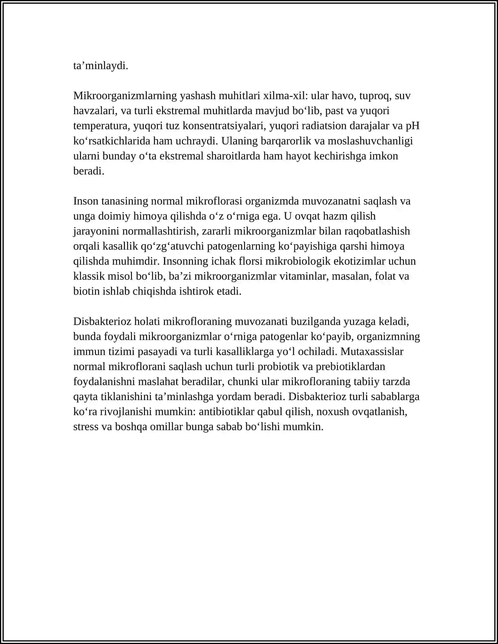 MIKROORGANIZMLAR EKOLOGIYASI. INSON TANASINING NORMAL MIKROFLORASI VA UNING AHAMIYATI VA VAZIFALARI. DISBAKTERIOZLAR 4