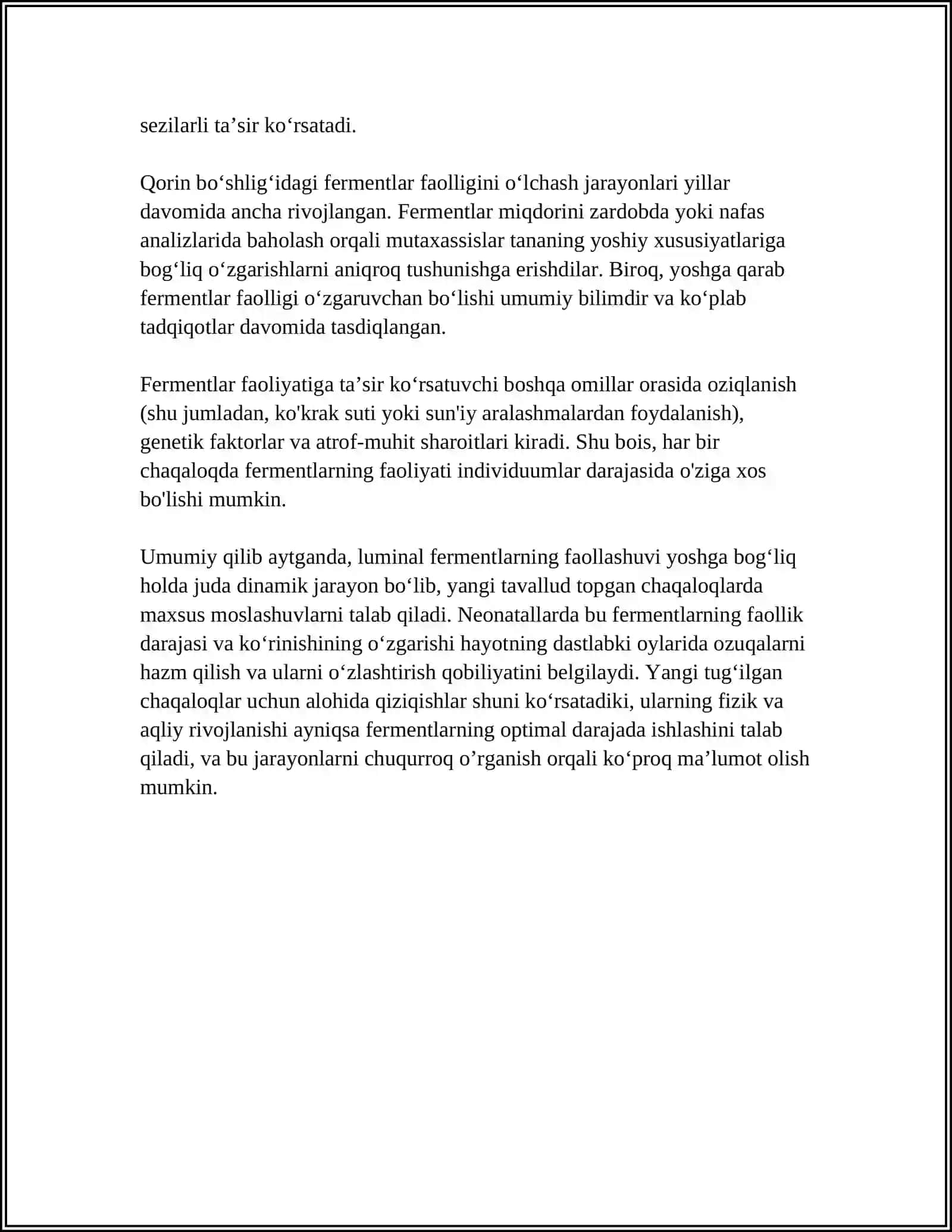 BOLALAR VA OʻSMIRLARDA OVQAT HAZM QILISH XUSUSIYATLARI: MEMBRANA VA BOʻSHLIQ HAZM QILISH YOSH XUSUSIYATLARI 4