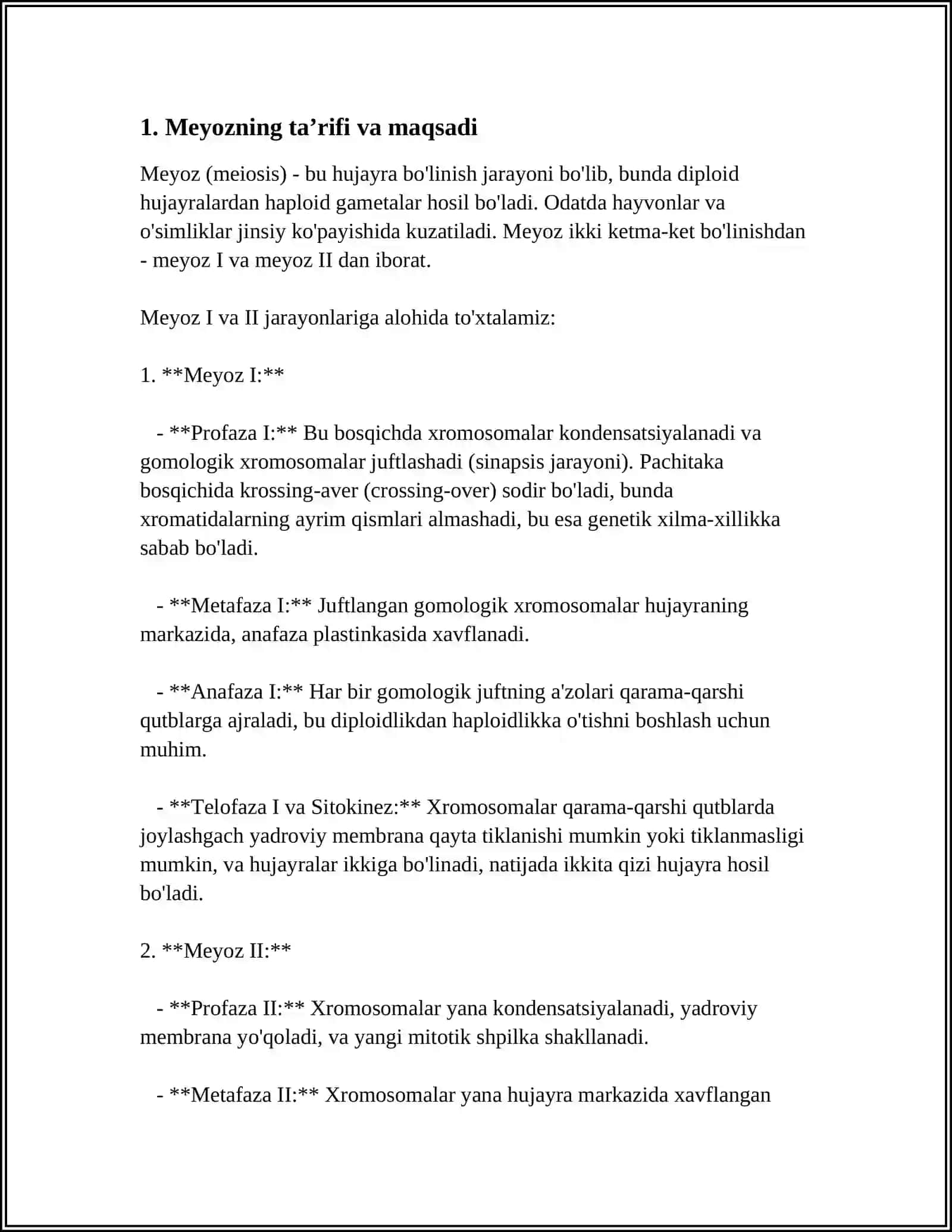 MEYOZNING MEYOTIK SIKLI MEYOZNING 1 VA 2 BOLINISHIDA KUZATILADIGAN FAZALAR. MEYOZNING BIOLOGIK VA TIBBIYOTTAGI AHAMIYATI 4