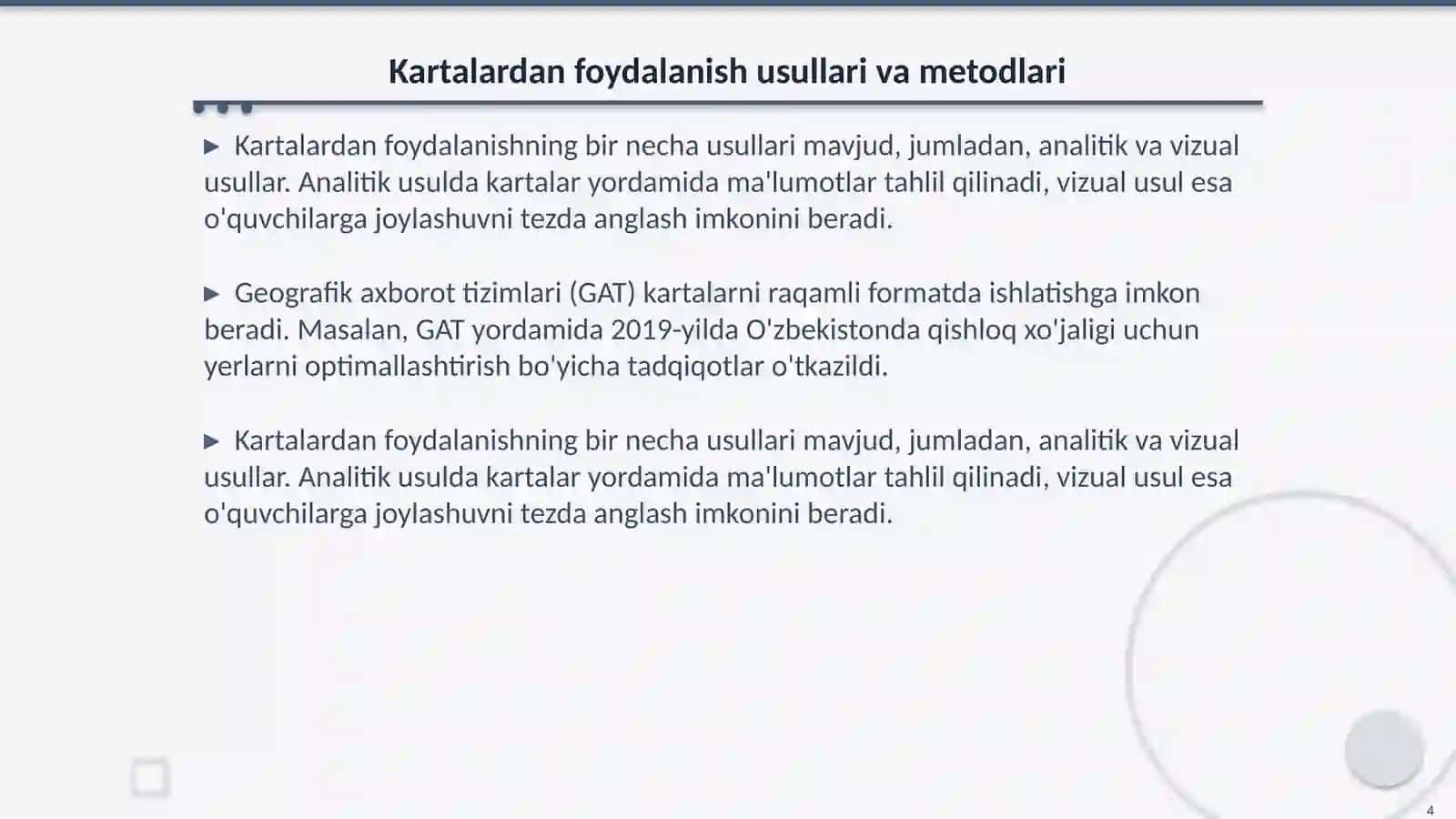 Geografik kartalarning turlari. Ulardan foydalanib masala va mashq yechish 4