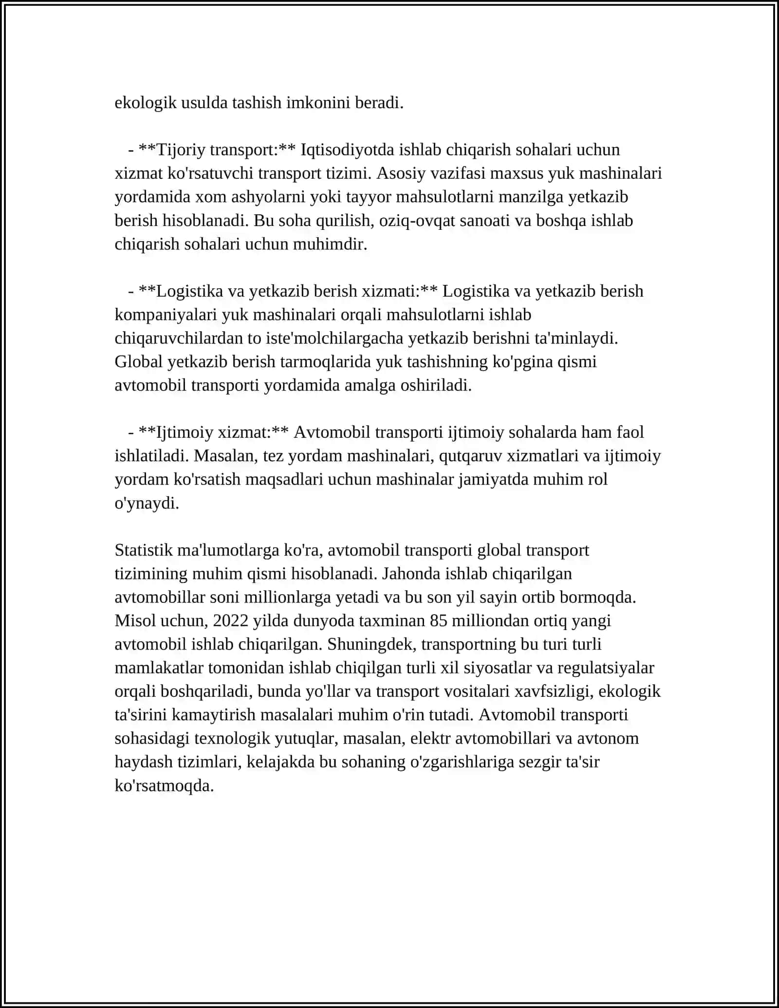 AVTOMOBIL TRANSPORTINI O'ZIGA XOS XUSUSIYATLARI VA TEXNIK JIHOZLARINI O'RGANISH 4