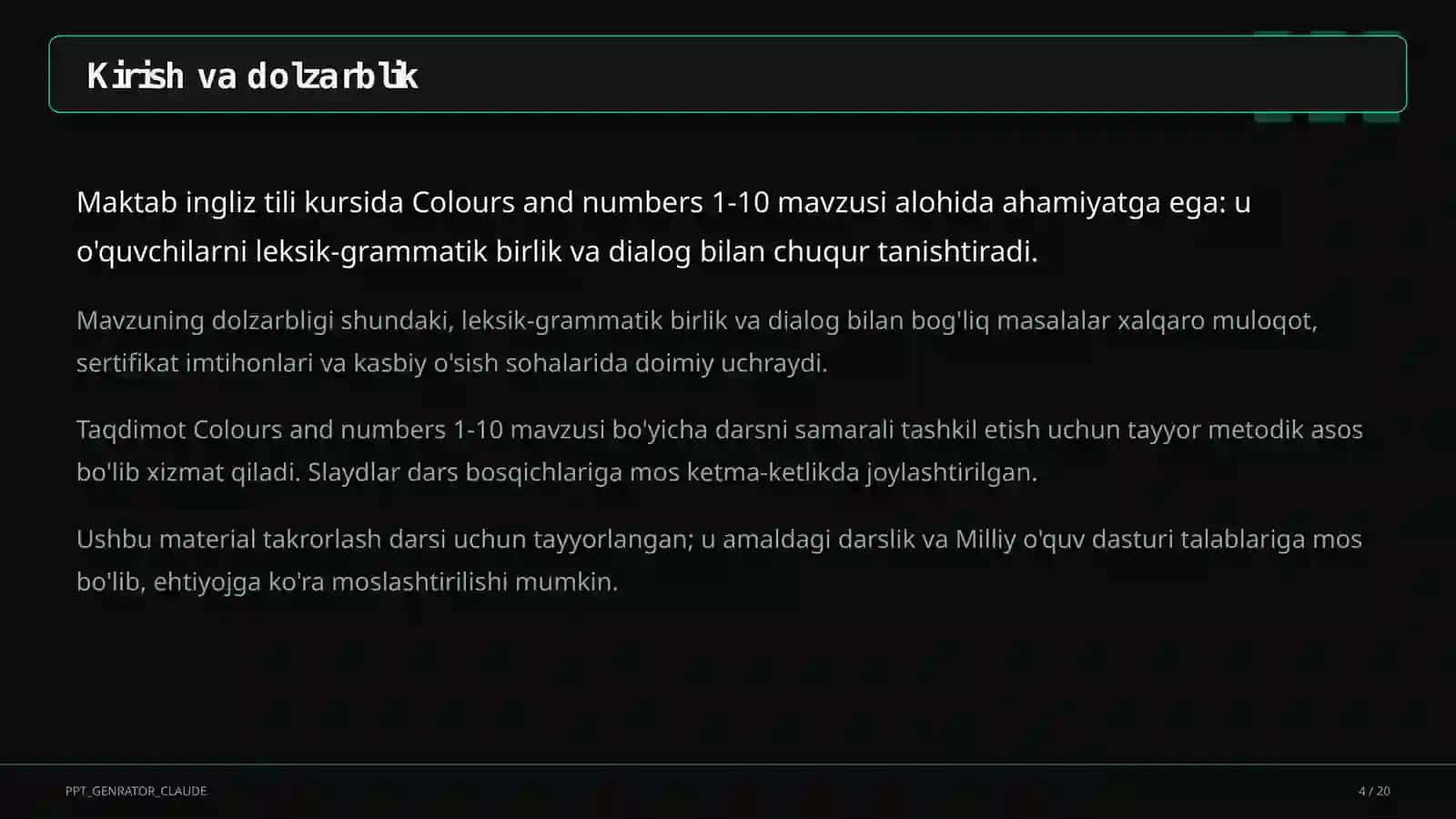 Colours and numbers 1-10 (1-sinf) 4