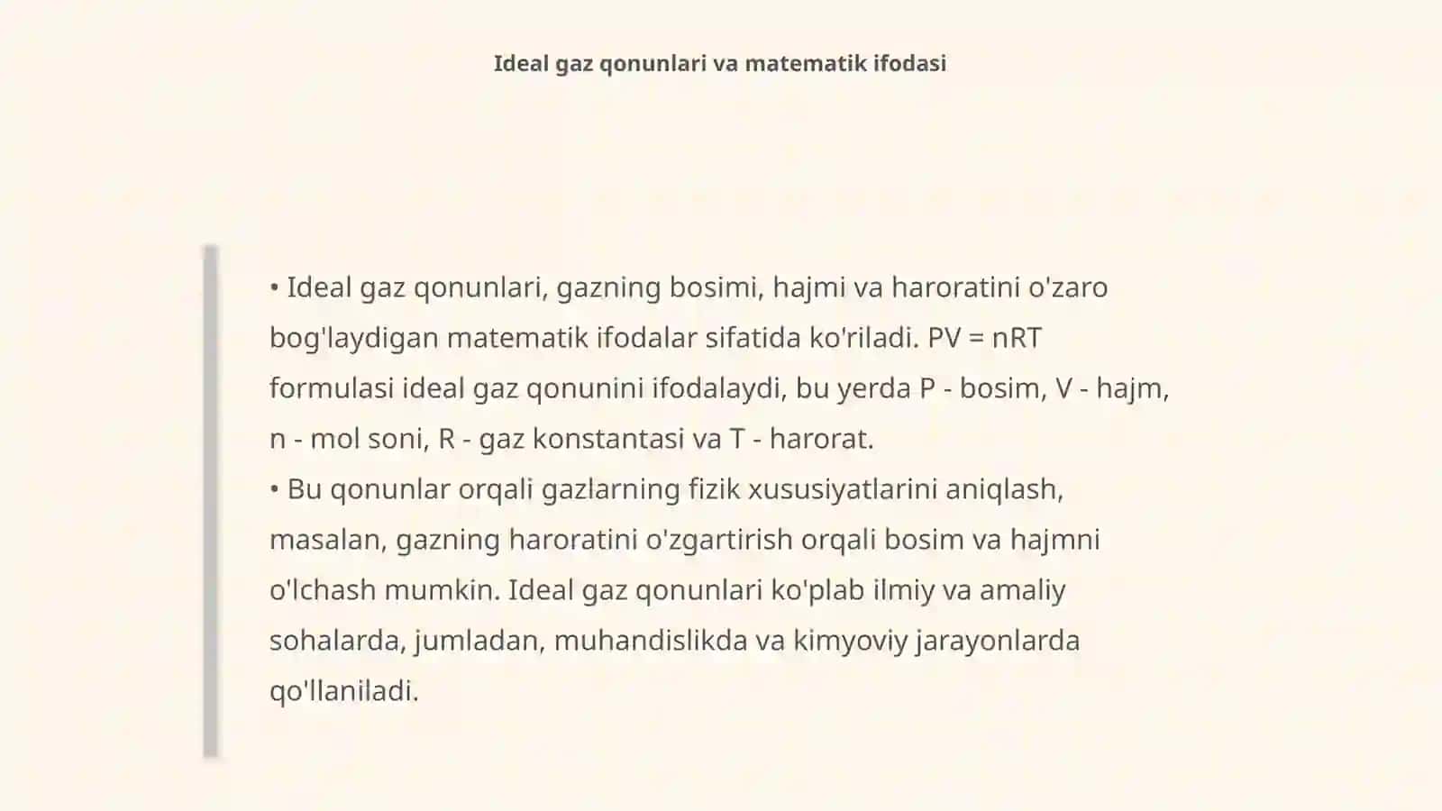Ideal gaz qonunlari va ularning qo‘llanishi.Termodinamika qonunlari 4
