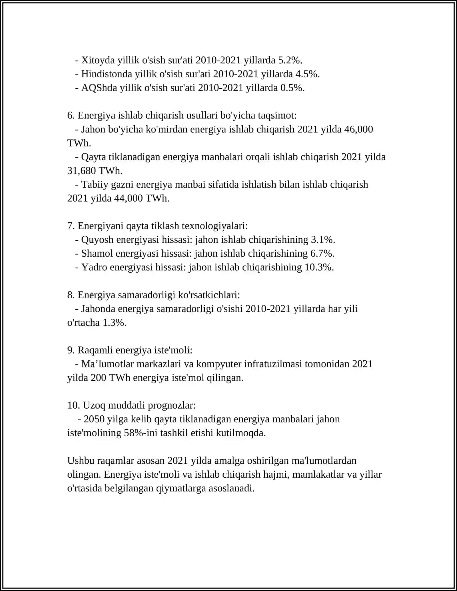 JAHON ENERGETIK BALANSI (TURLI MAMLAKATLAR ENERGETIK BALANSI) 4