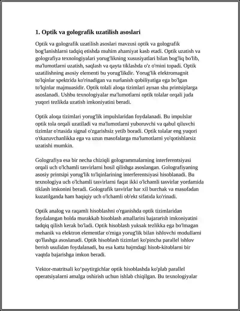 OPTIK VA GOLOGRAFIK ULANISHLAR. OPTIK ANALOG VA RAQAMLI HISOBLASHNI O‘RGANISH. VEKTOR-MATRITSALI KO‘PAYTIRGICHLAR. OPTIK VA OPTOELEKTRONIK NEYRON TARMOQLAMI O‘RGANISH. 4