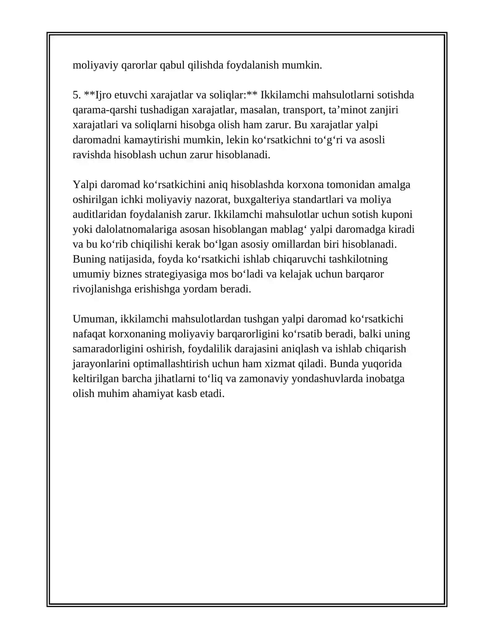 IKKILAMCHI MAHSULOTNI SOTISHDAN OLINGAN YALPI DAROMAD KO‘RSATKICHI VA UNI ANIQLASH TARTIBI 4