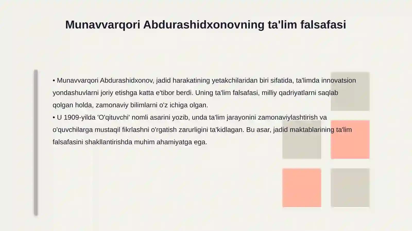 Jadid maktablari ochilishida Munavvarqori Abdurashidxonovning o’rni va ro’li 4