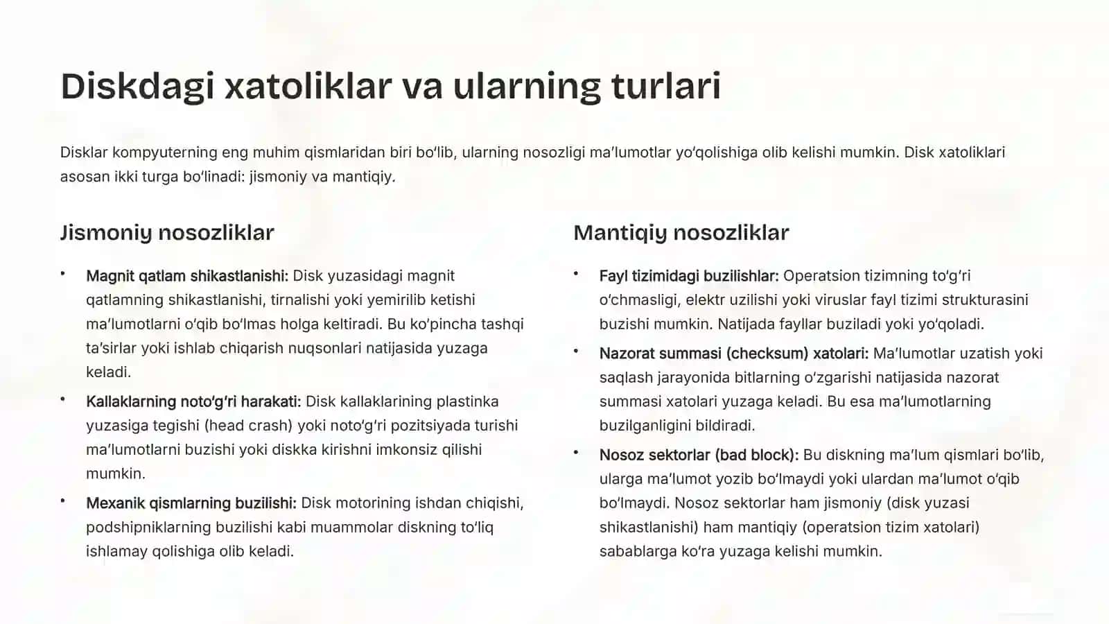 Disklar bilan ishlash, disk almashish va xatoliklarni bartaraf etish 4