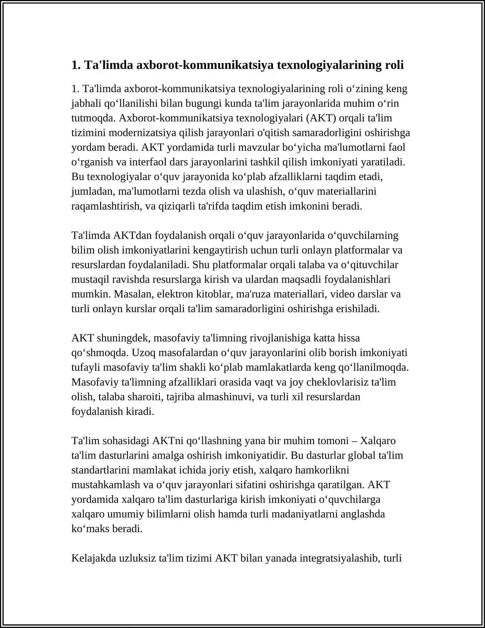 TAʼLIM AXBOROT TEXNOLOGIYALARINI QOʻLLASH.MASOFALI TAʼLIMNING AFZALLIKLARI.XALQARO TAʼLIM DASTURLARI. UZLUKSIZ TAʼLIM TURLARI. MAKTABGACHA TAʼLIM VA TARBIYA 4