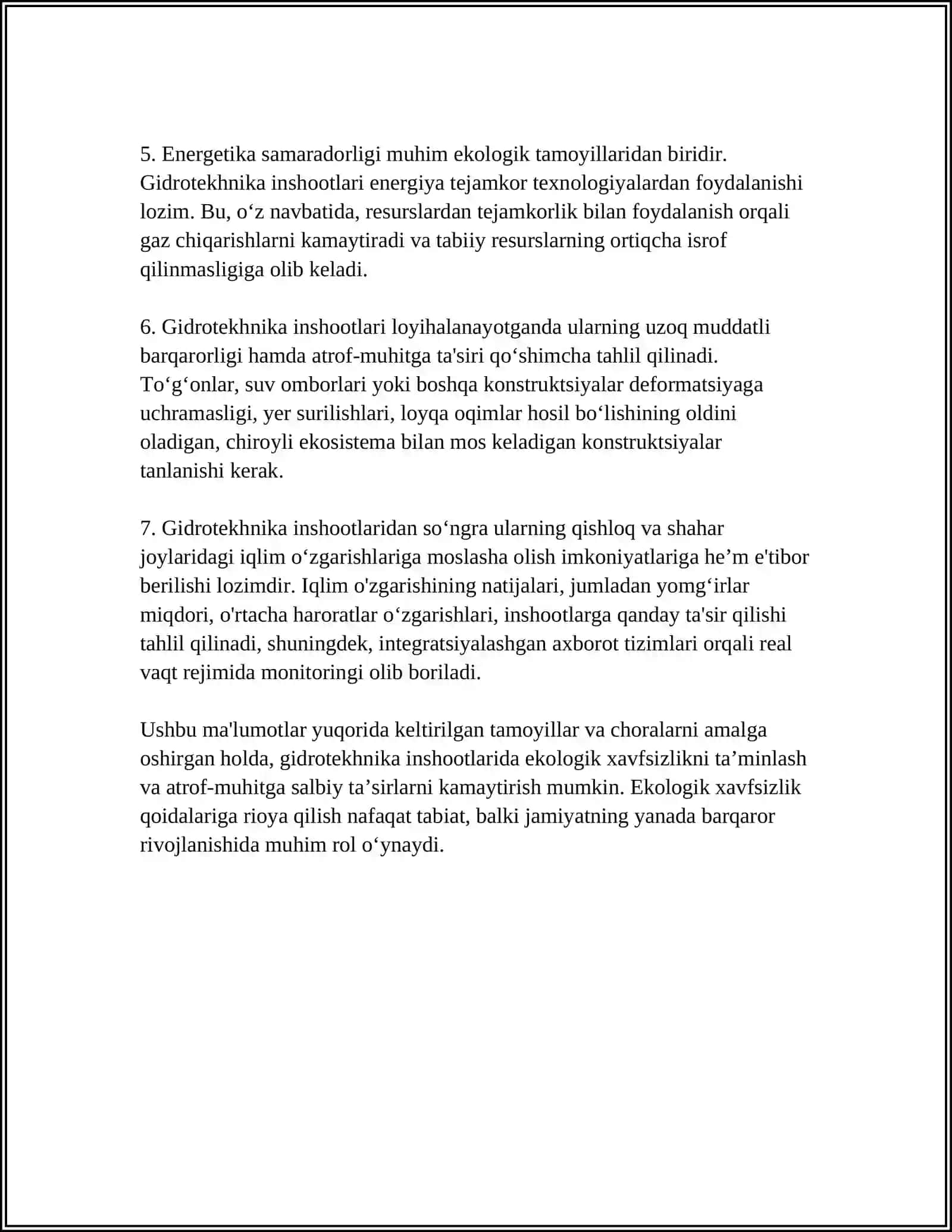 EKOLOGIK XAVFSIZLIKNI TA'MINLASH UCHUN GIDROTEXNIKA INSHOOTLARIDAGI KONSTRUKTIV CHORALAR 4