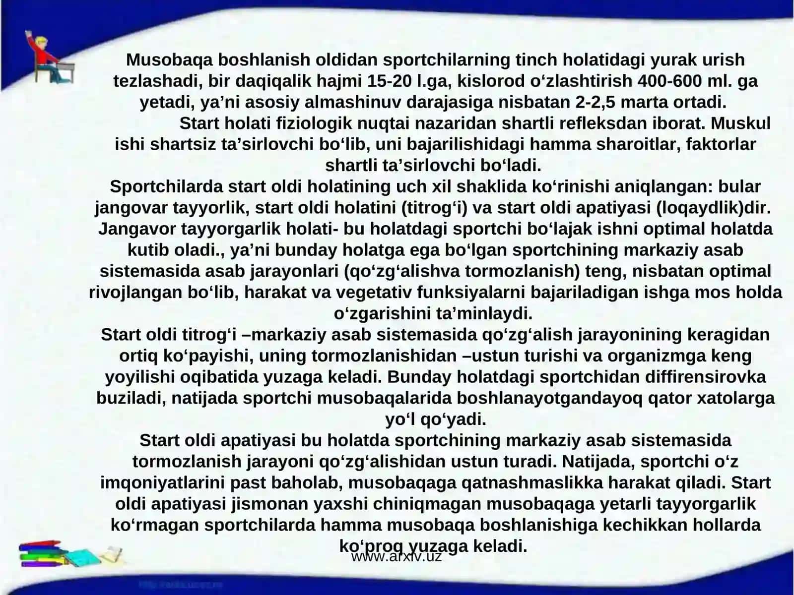 Sport faoliyatida organizmda yuzaga keladigan holatlarning fiziologik xususiyatlari 4