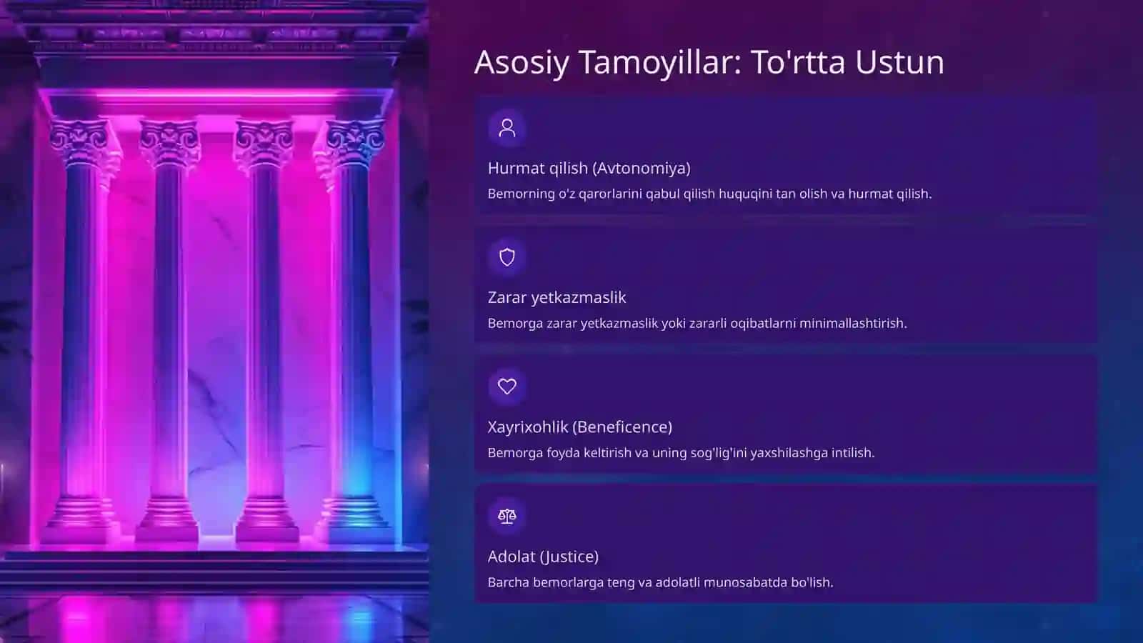 Bemor bilan ishlashda eng ko'p foydalaniladigan etika prinsiplari 4